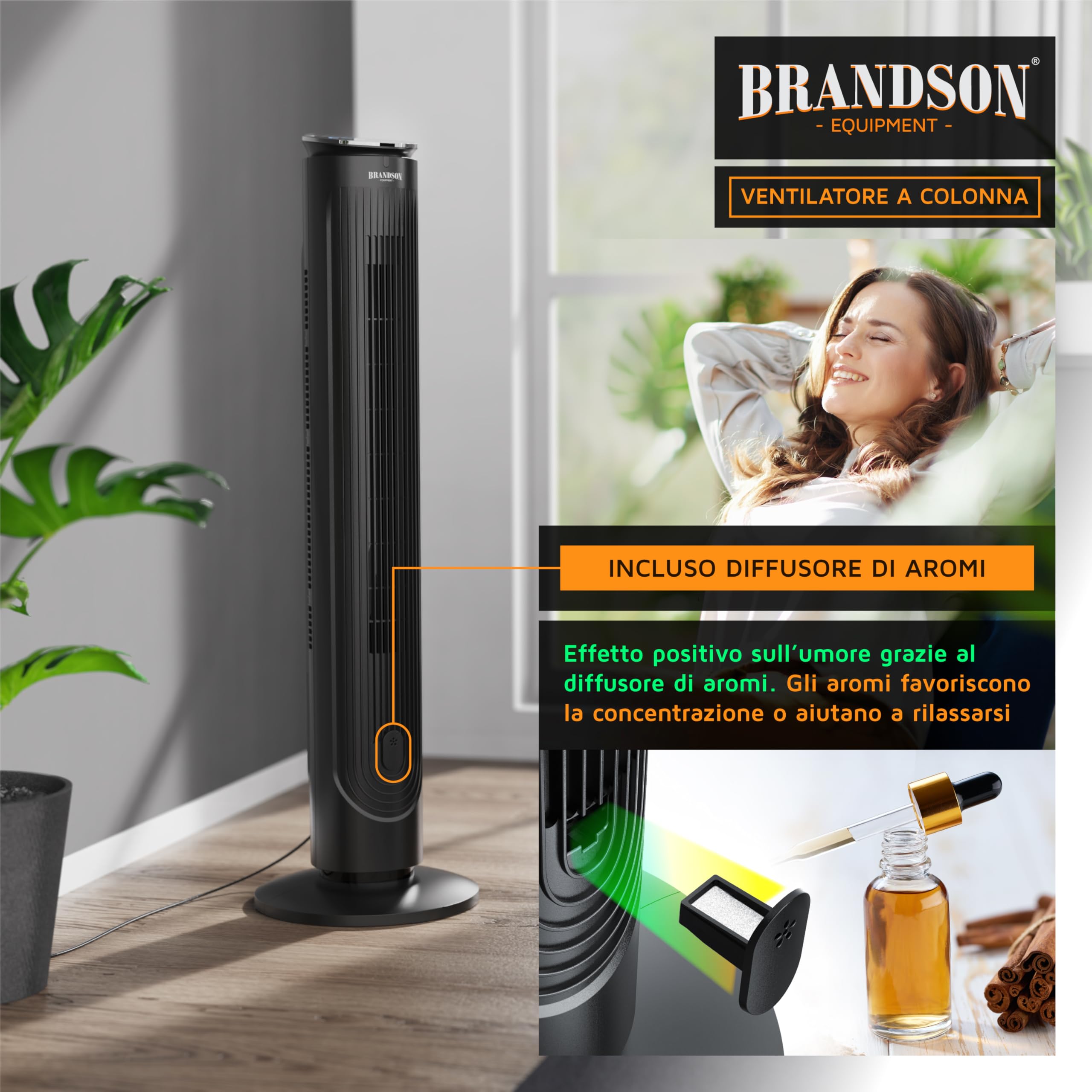 Brandson - Ventilatore a torre con telecomando - vano aroma - molto silenzioso - oscillazione - timer - 4 modalità - 5 livelli di velocità - indicatore LED - nero