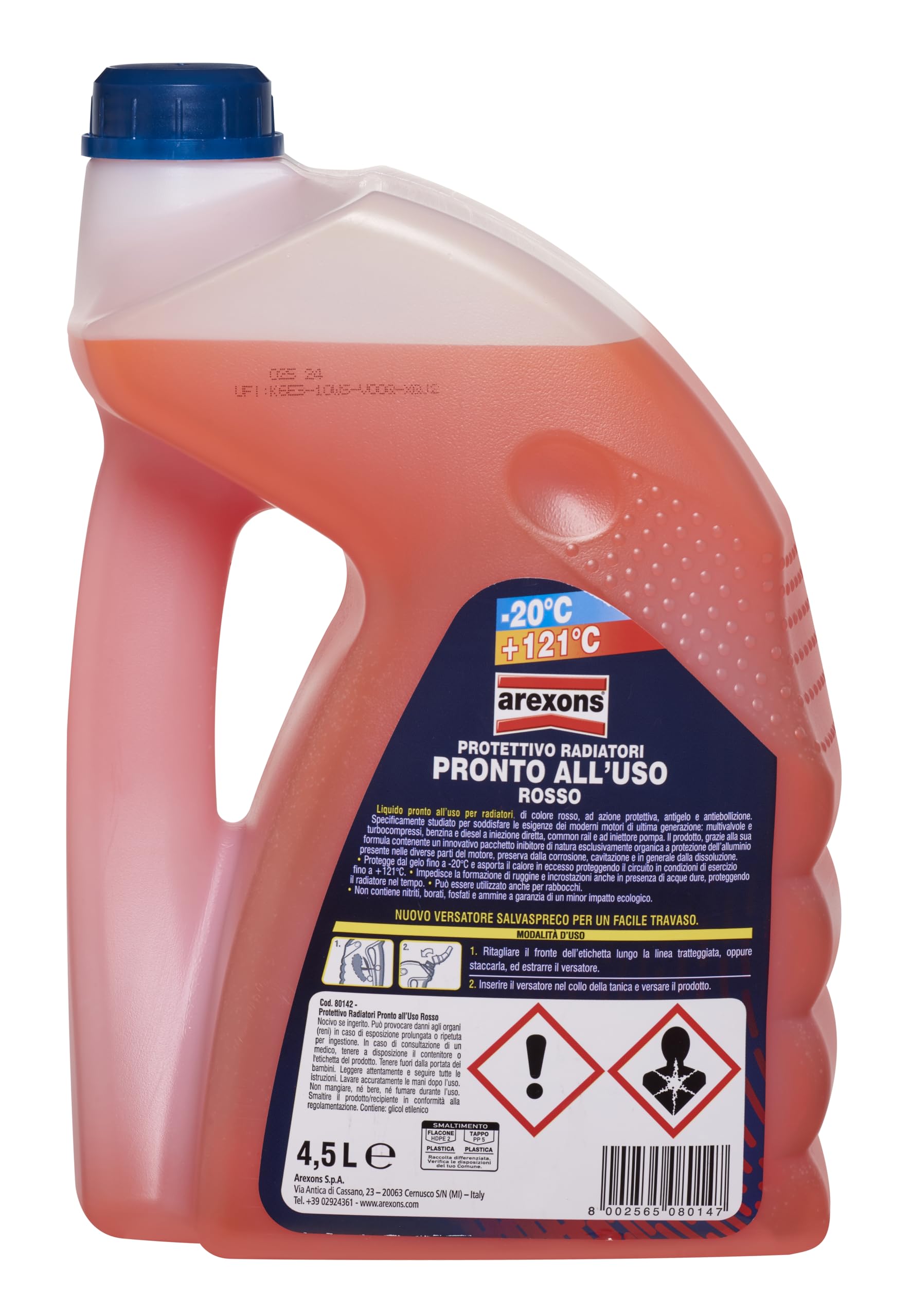 AREXONS Protettivo Radiatori Rosso -20°, per Circuiti di Raffreddamento, Protezione Antigelo e Antiebollizione Fino a -20°C e +121°C, Adatto a Rabbocchi, 4,5L