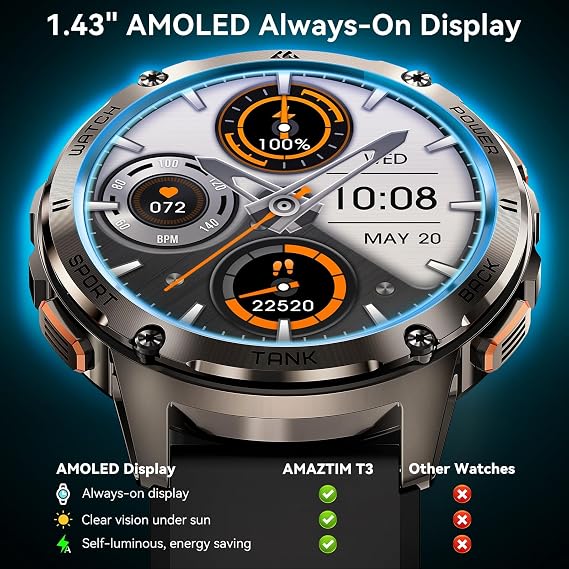AMAZTIM Smart Watches for Men, Rugged Military Bluetooth Call (Answer/Dial Calls), 1.43 Ultra HD AMOLED Display, 60 Days Extra-Long Battery, Full Metal Body Smartwatch Compatible iPhone and Android