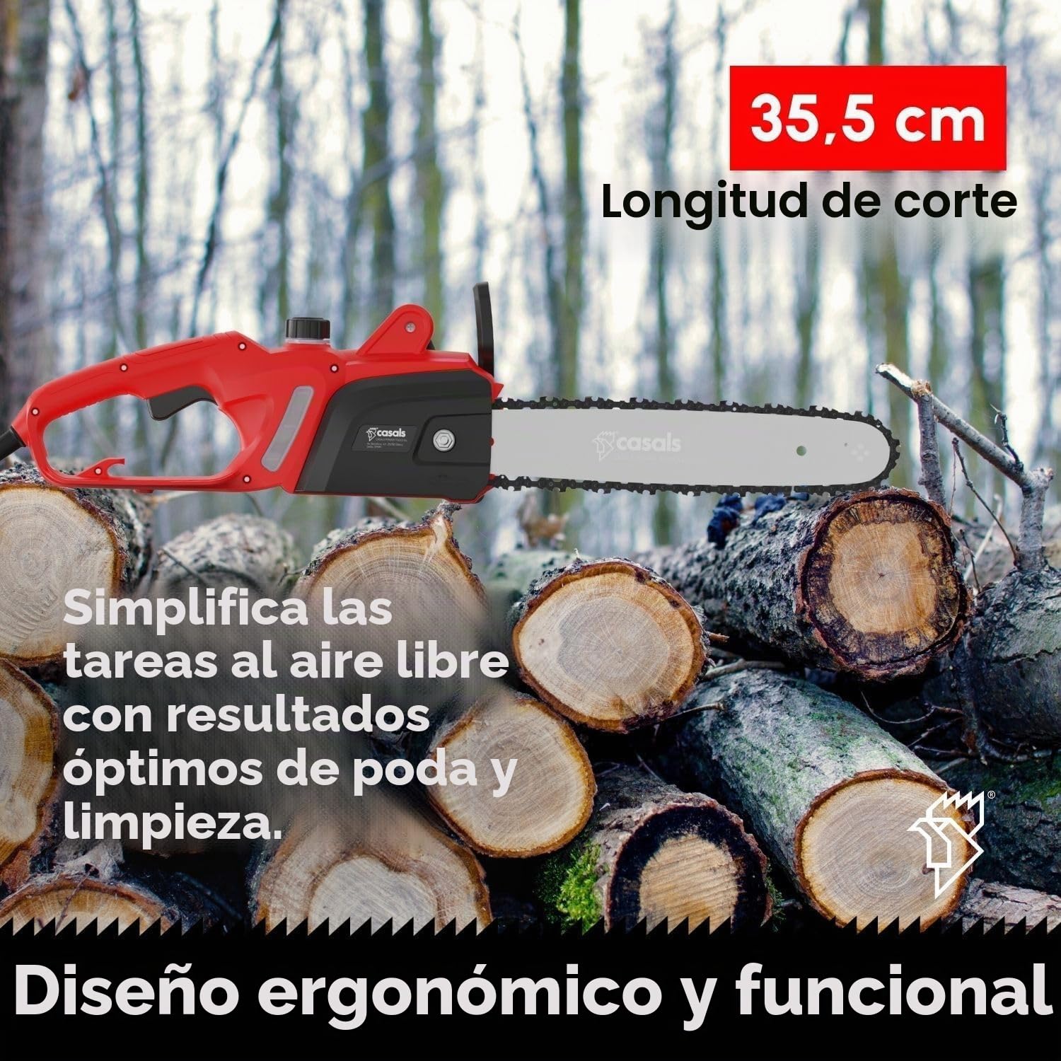 Casals - Motosierra Eléctrica Casals | 1400W Potencia | Corte Preciso de 35,5 cm | 6500 RPM | Ideal para Jardinería y Madera