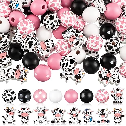 Fabbay 200 cuentas de madera con estampado de vaca de 0.630 in y cuentas redondas de madera planas de 0.78 pulgadas (0.787 in), cuentas de madera