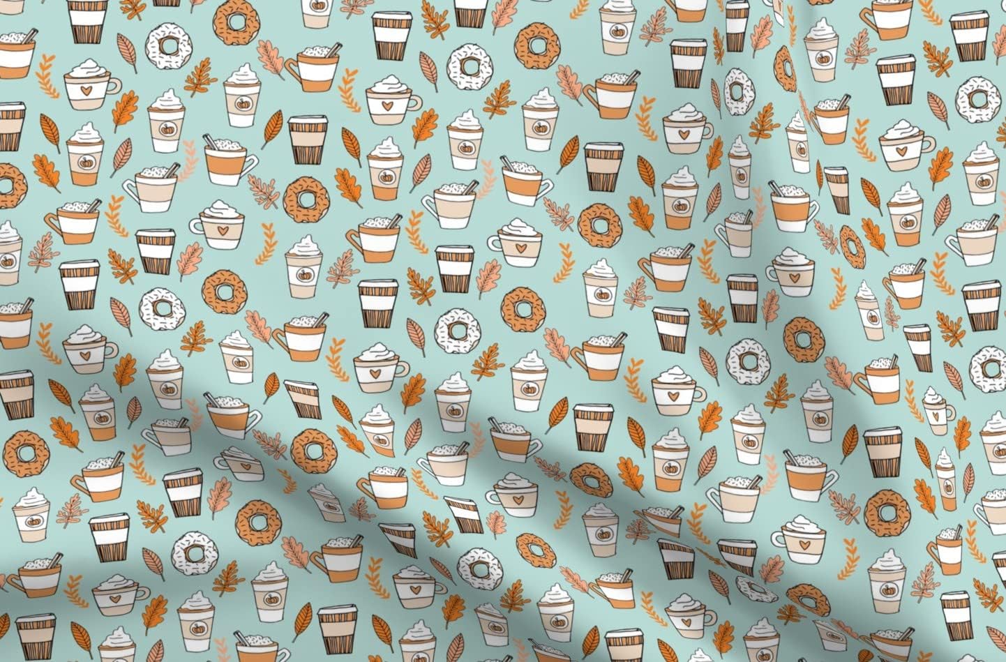 Spoonflower Fabric - Pumpkin Spice Latte Coffee Donuts Fall Autumn & Aqua Teal Mint Printed on Organic Cotton Sateen Fabric by The Yard - Sewing Quilting Apparel Home Decor