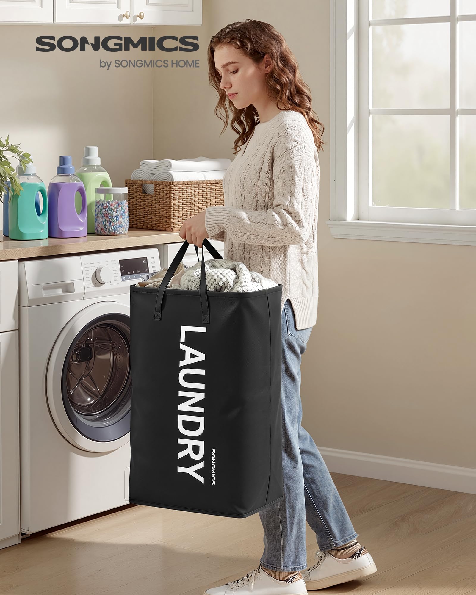 SONGMICS Cesto Ropa Sucia, 80 L, Cesta de Ropa Plegable, con Asa, Bolsa para Ropa, Repelente al Agua, para Lavadero, Dormitorio, Baño, Negro Tinta RLH001BH01