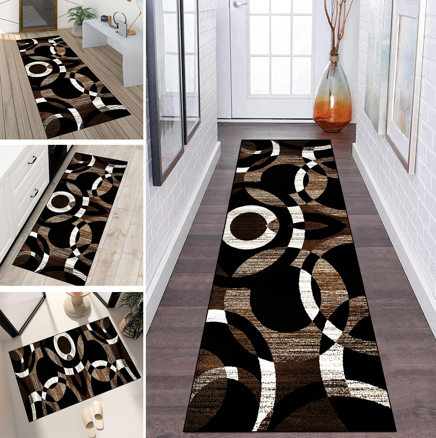 Alfombra para lavandería y pasillo de 40x450 cm con diseño de círculos marrones modernos