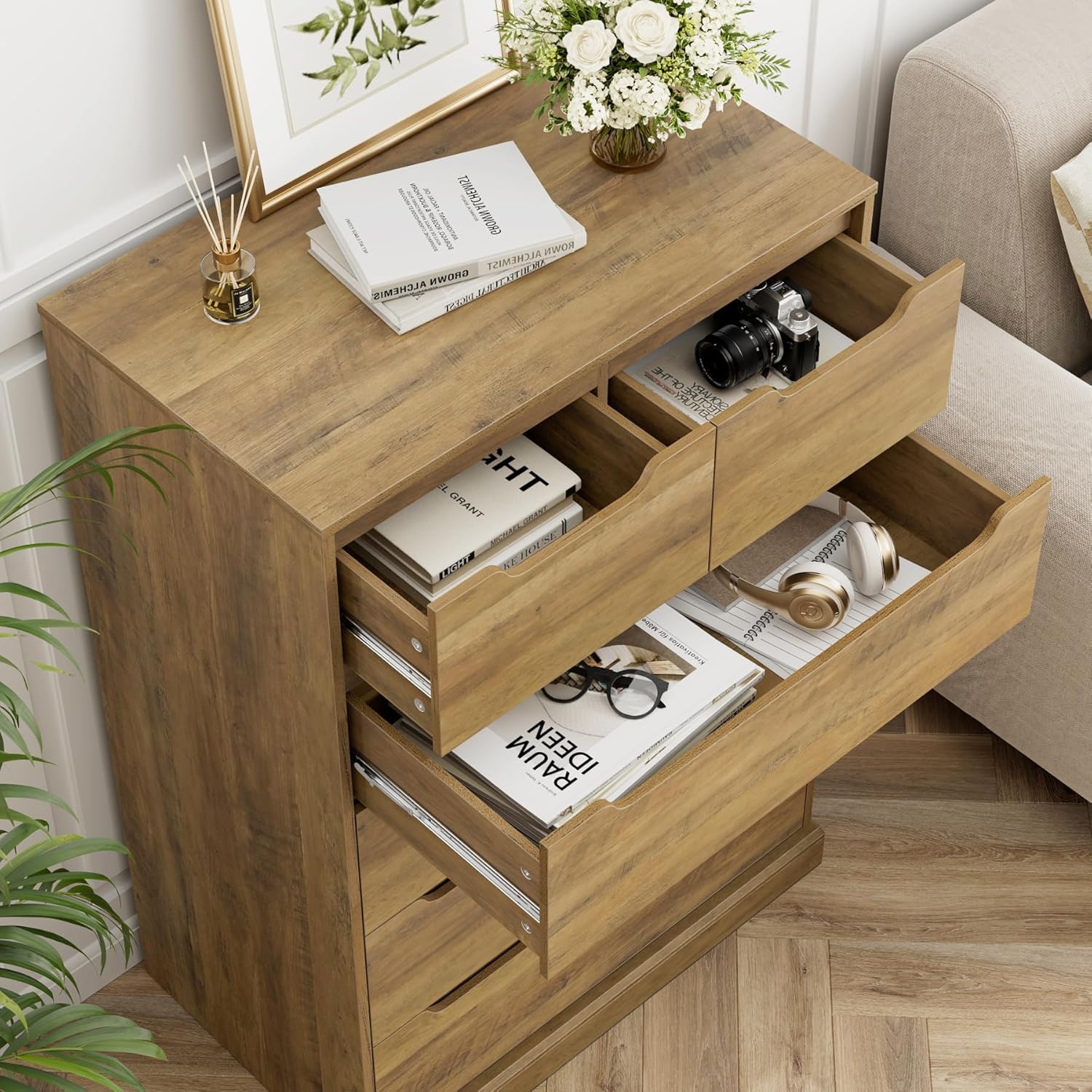 HOSTACK Modern 6 Drawer Dresser for Bedroom, Tall Chest of Drawers with Storage, Large Wood Storage Chest Organizers with Cut-Out Handles, Accent Storage Cabinet for Living Room, Hallway, Rustic Brown