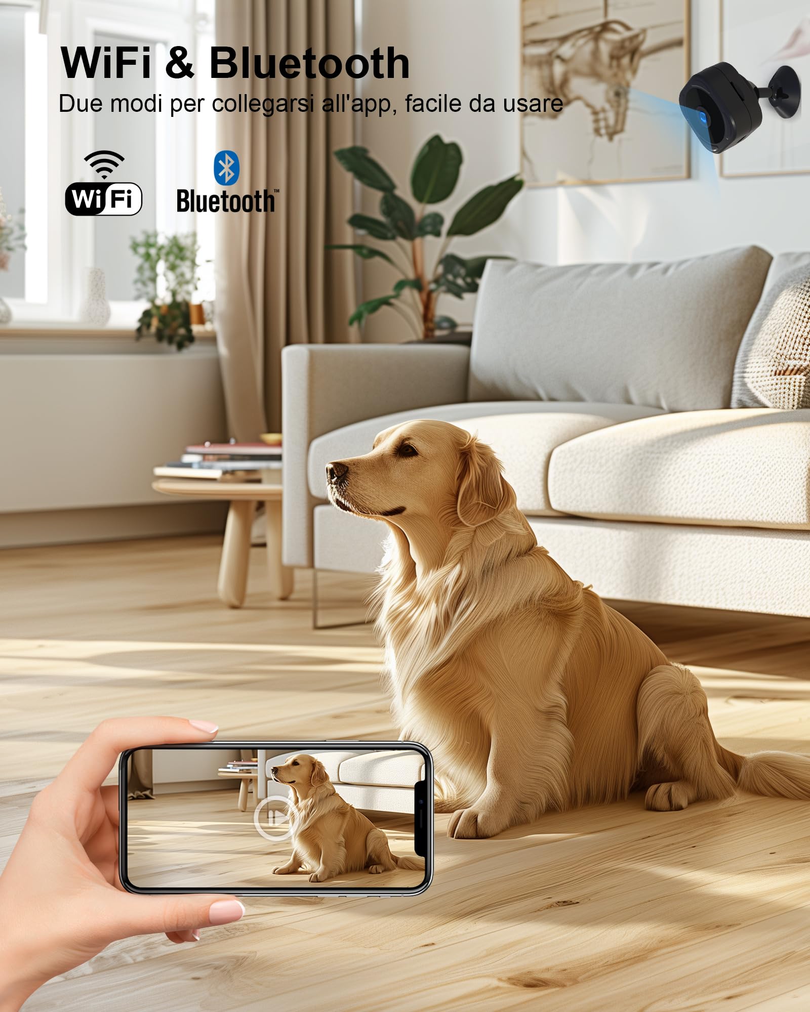 AOBOCAM Mini Telecamera WiFi Interno, Videocamera Sorveglianza 1080P, Visione Notturna, Rilevamento di Movimento, Controllo Remoto Con App (S)