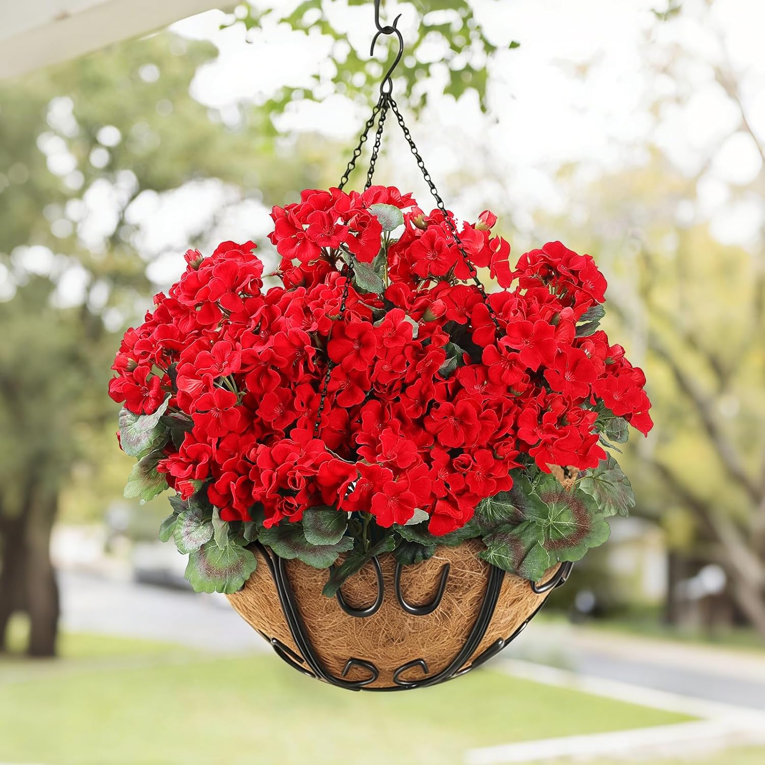 Coferset 30 Blooms Red Geraniums Artificial Flowers for Outdoor, 6 Bundles Velvet Realistic Faux Geraniums for Garden Planters, UV Resistant Faux Flowers for Garden, Porch Decor(6, Red)