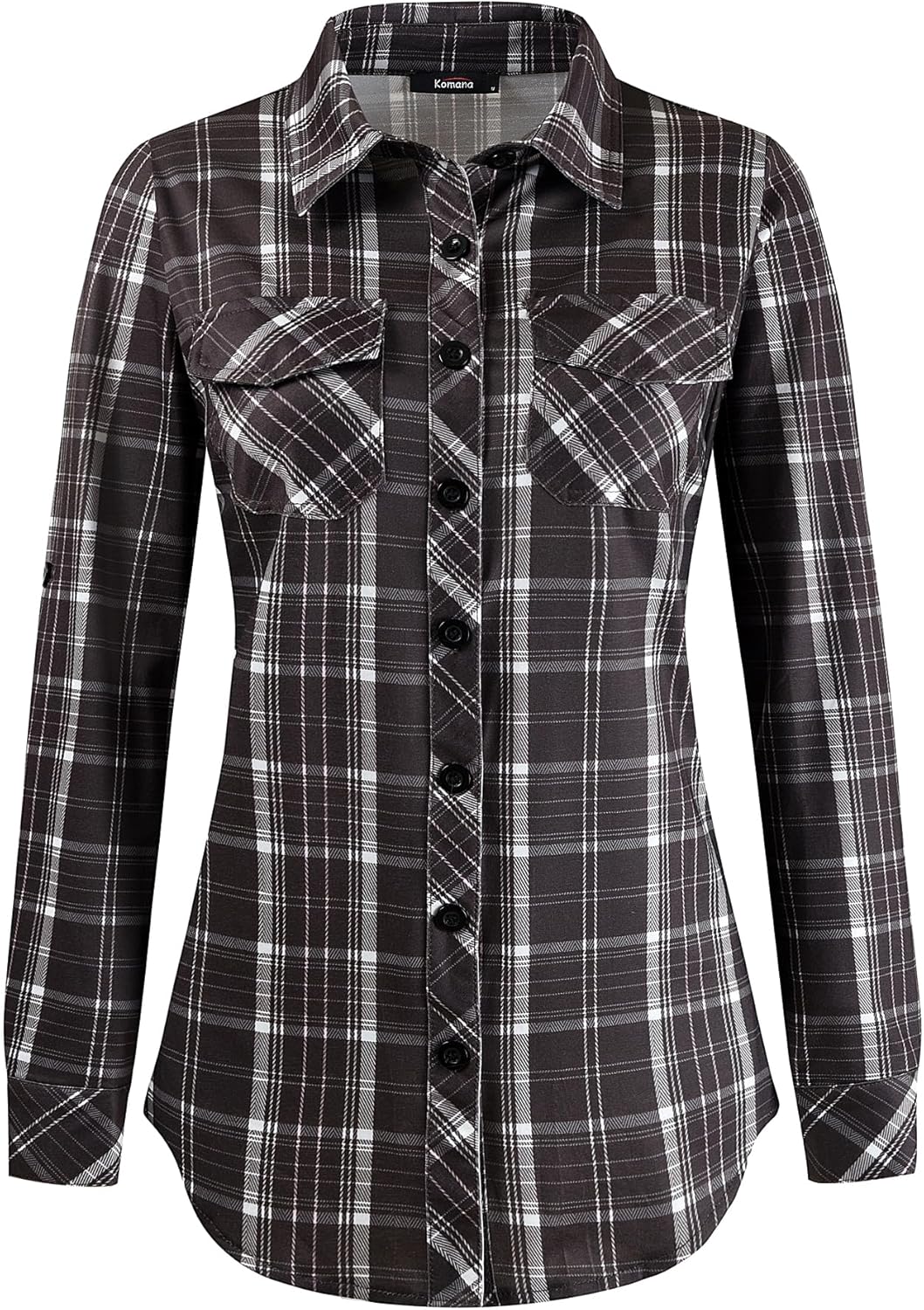 KOMANA Women's Roll Up Stretchy Knit Plaid Shirts Button Down Long Sleeve Blouses for Women Tops - Image 4
