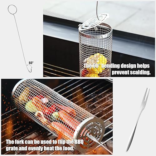 Miniatura 4 de Cesta rodante para parrilla, 3 cestas de parrilla, cesta de parrilla para barbacoa, cestas de parrilla para parrilla al aire libre, malla de