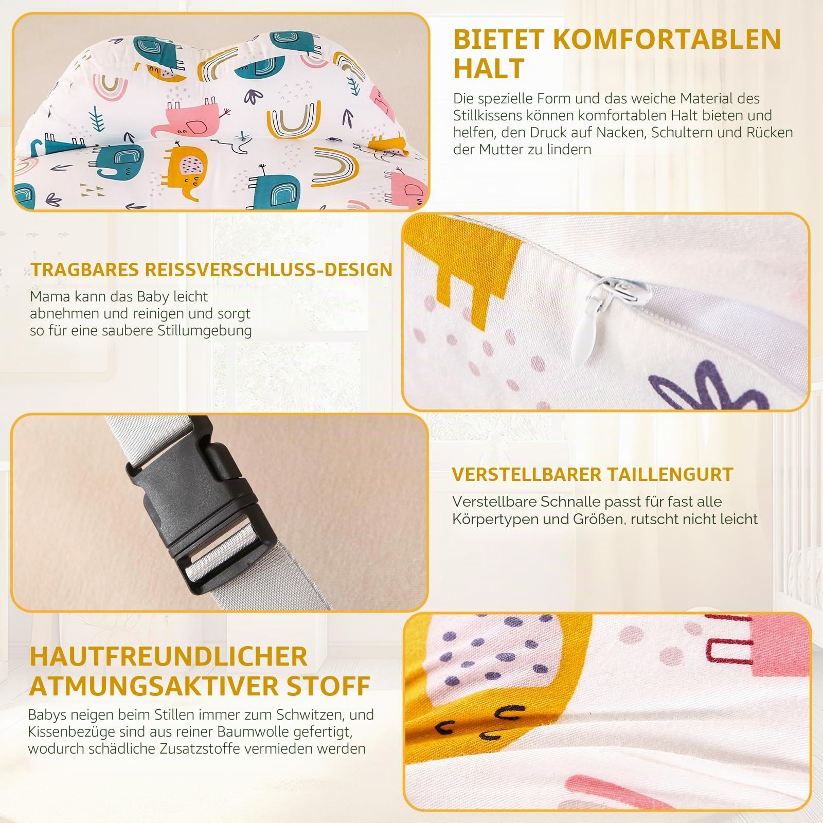 Labtec Stillkissen zum Stillen, Multifunktionales Stillkissen mit verstellbarem Bauchgurt und Sicherheitszaun, 100% Baumwolle & Abnehmbarer Kissenbezug, Elefanten-Druck