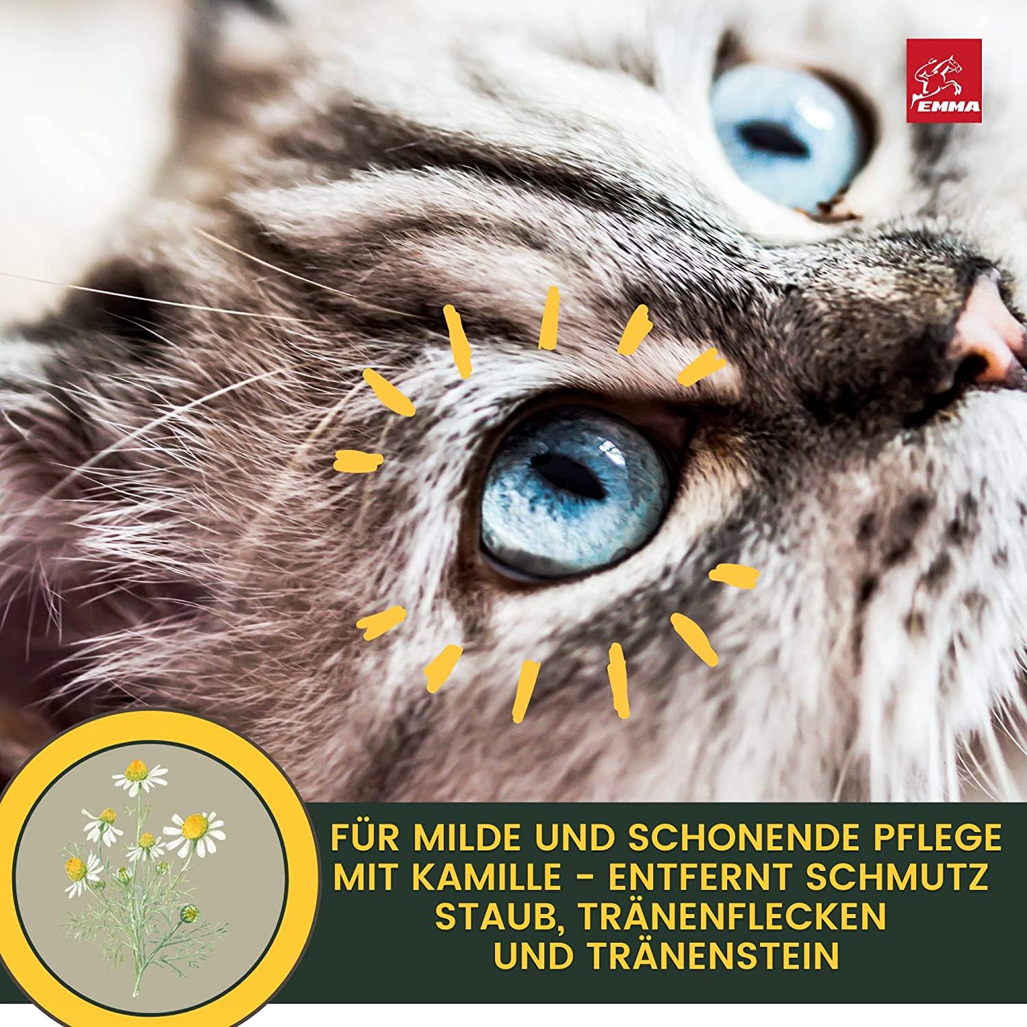 EMMA Augentropfen Katze 2x100ml I Augenreiniger Tränenfleckenentferner mit Kamille I Augenpflege bei tränenden gereizten Augen I Tränensteinentferner Hund Katze I Sanfte Augenreinigung für Tiere