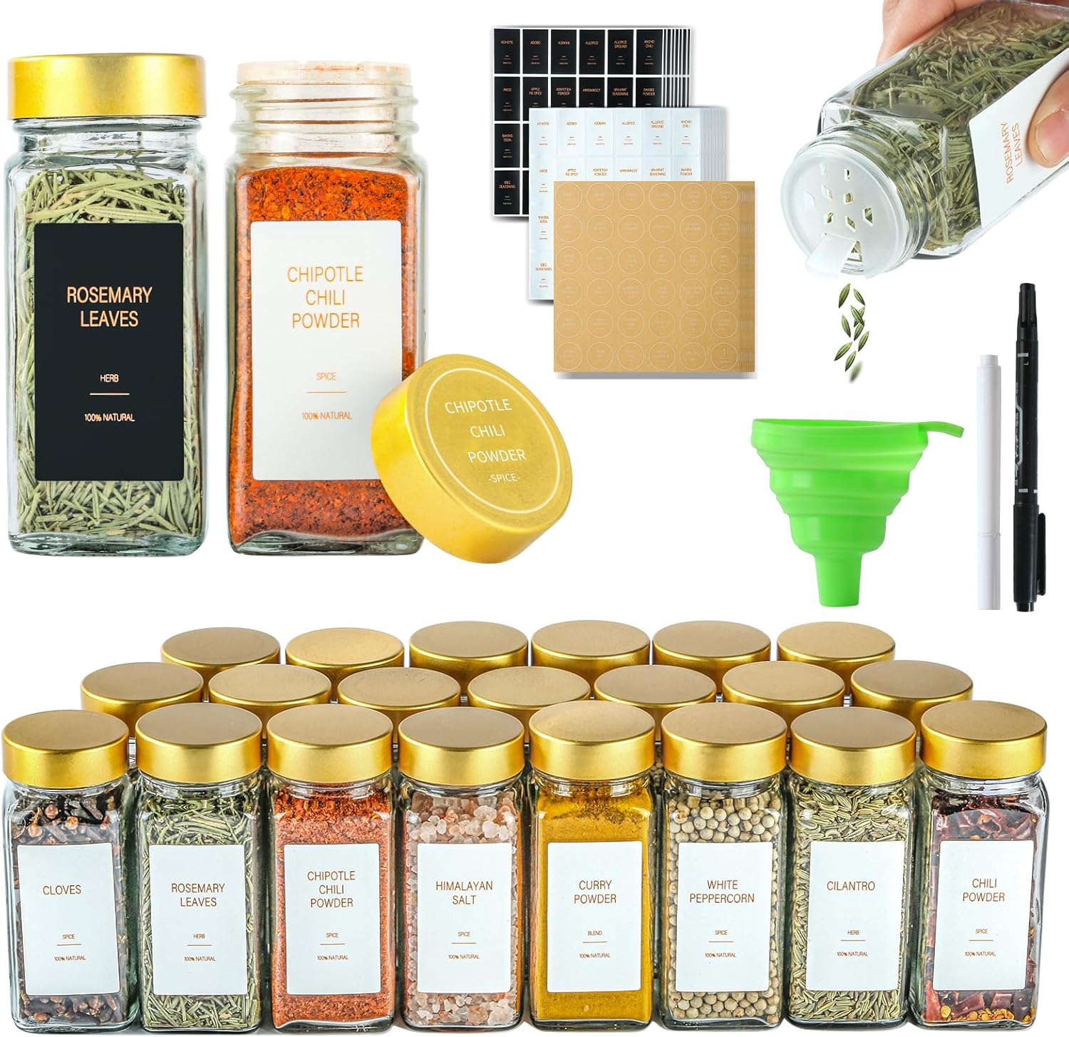Gold Spice Jars with Label，4oz Seasoning Containers, Glass Spice Bottles with Shaker Lids,Funnel, Chalk Pen for Cabinet，Drawer，Rack(24)