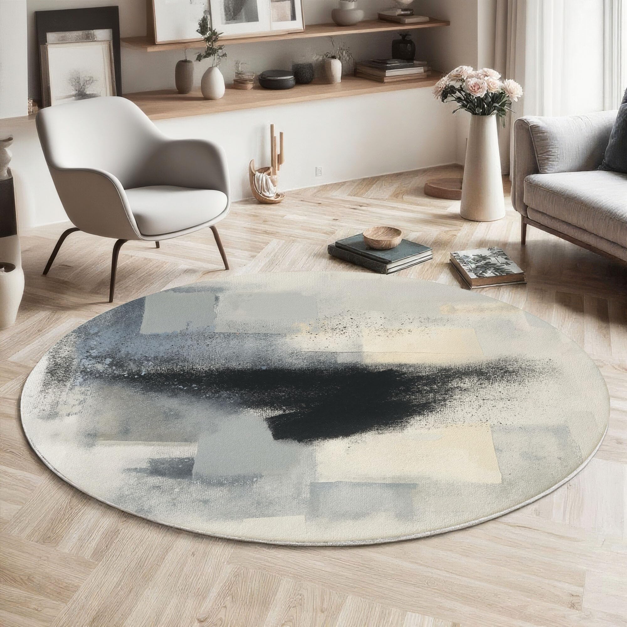 Tapis de porte rond antidérapant gris de 60cm style coups de pinceau