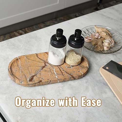 Miniatura 8 de Koville Bandeja decorativa de mármol natural indio, 12 x 6 pulgadas, organizador de encimera, catchall para perfumes, velas, joyas