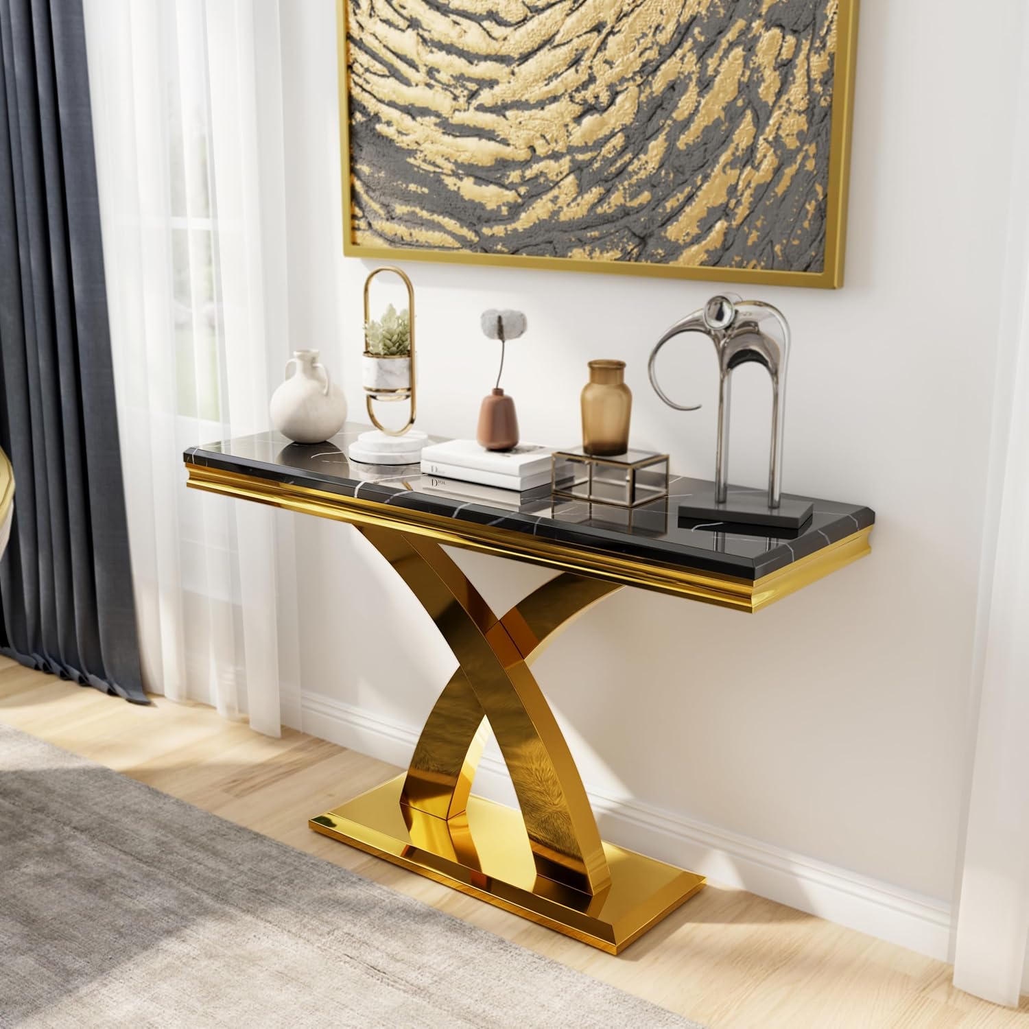 AUZ 4 Pieces Black Gold Living Room Table Set Coffee Table Set with X-Shape Design Polished Stainless Steel Frame