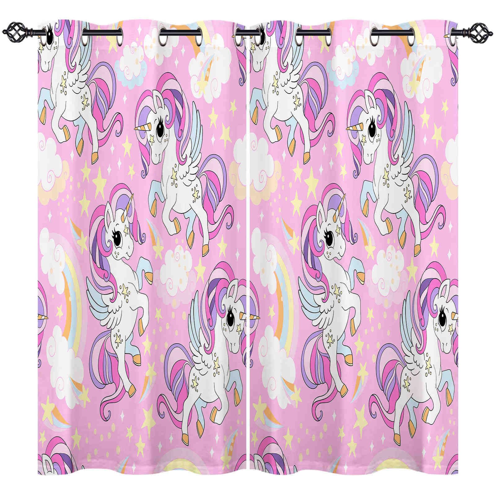 ANHOPE Cute Cartoon Unicorn Curtains Eyelet Soft Thermal Insulated Blackout Curtains Rainbow Cloud Stars Print Pattern Ring Top Window Drapes for Kids Girls Bedroom Living Room 42 x 63 Inch 2 Panels — image 1