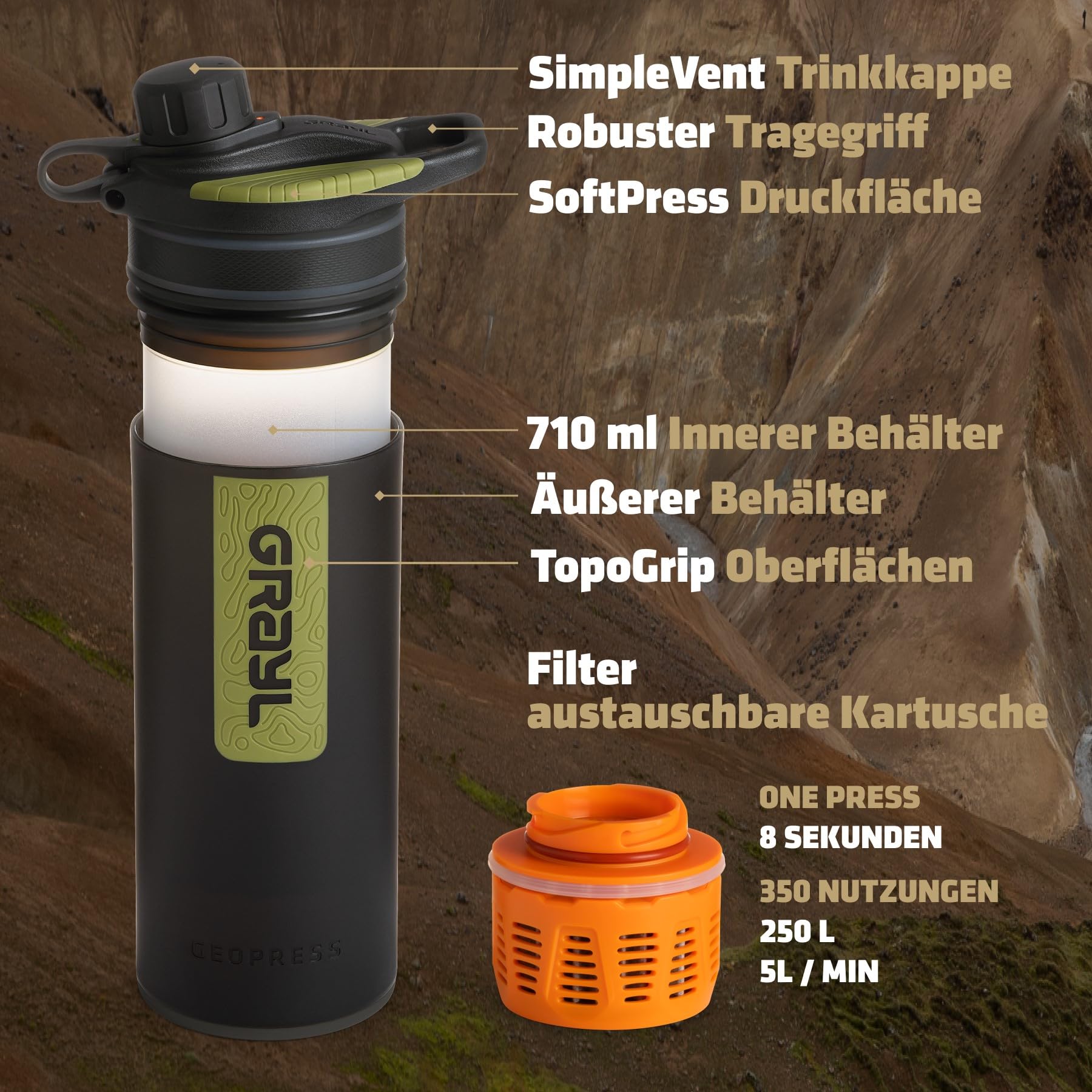 GRAYL GeoPress Filtre à Eau Extérieur Premium Mega Bundle avec Filtre de Remplacement 500L Eau Potable Élimine 99,99% Bactéries & Virus pour Camping, Survie & Voyage - Noir Camo + Orange