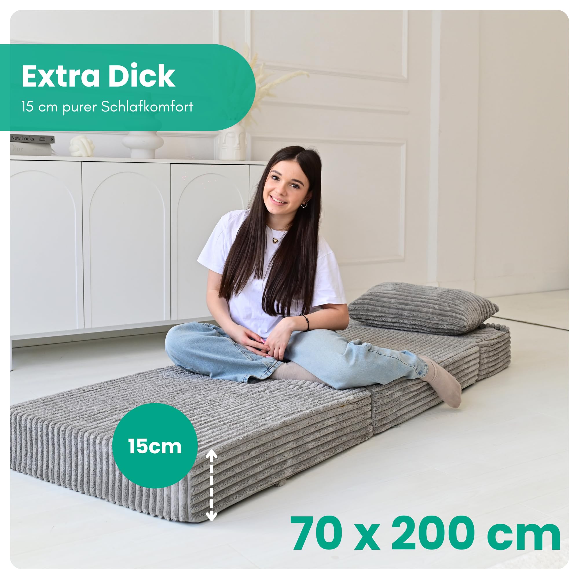 Odolplusz Premium składany materac 70 x 205 x 15 cm | 3-częściowy składany materac z odpinanym obiciem | Pianka ekstra gruba 15 cm | Składany materac składany dla gości, materac podróżny (szary)