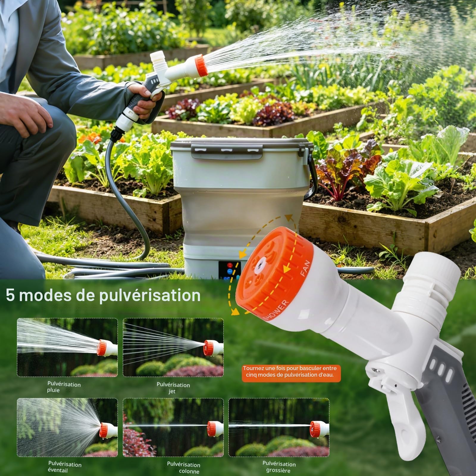 Nettoyeur Haute Pression Portable, Nettoyeur Extérieur Mobile Pliable avec Buse 5 en 1, Réservoir d'eau : 12L, Pulvérisateur à Pression électrique Multifonction pour Douche de Camping