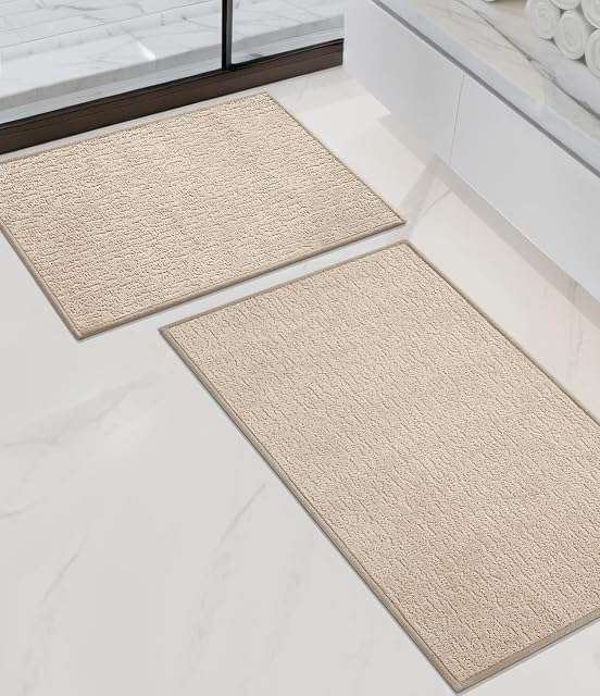 YIHOUSE Bath Mat Sets 2 Piece,Absorbent Quick Dry Bathroom Mat, Bath Mats for Bathroom Rugs Non Slip Washable Thin Bath Rug Fit Under Door,Light Beige