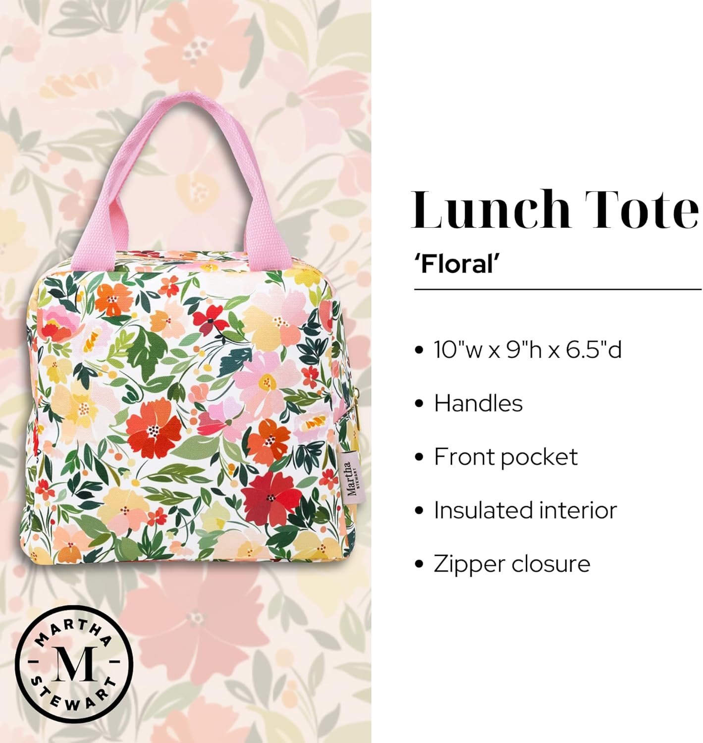 Martha Stewart Insulated Lunch Box for Women, Spacious Lunch Tote, 11" x 6.5" x 13.5", Comfortable Carrying Straps & Storage Pocket (Floral)