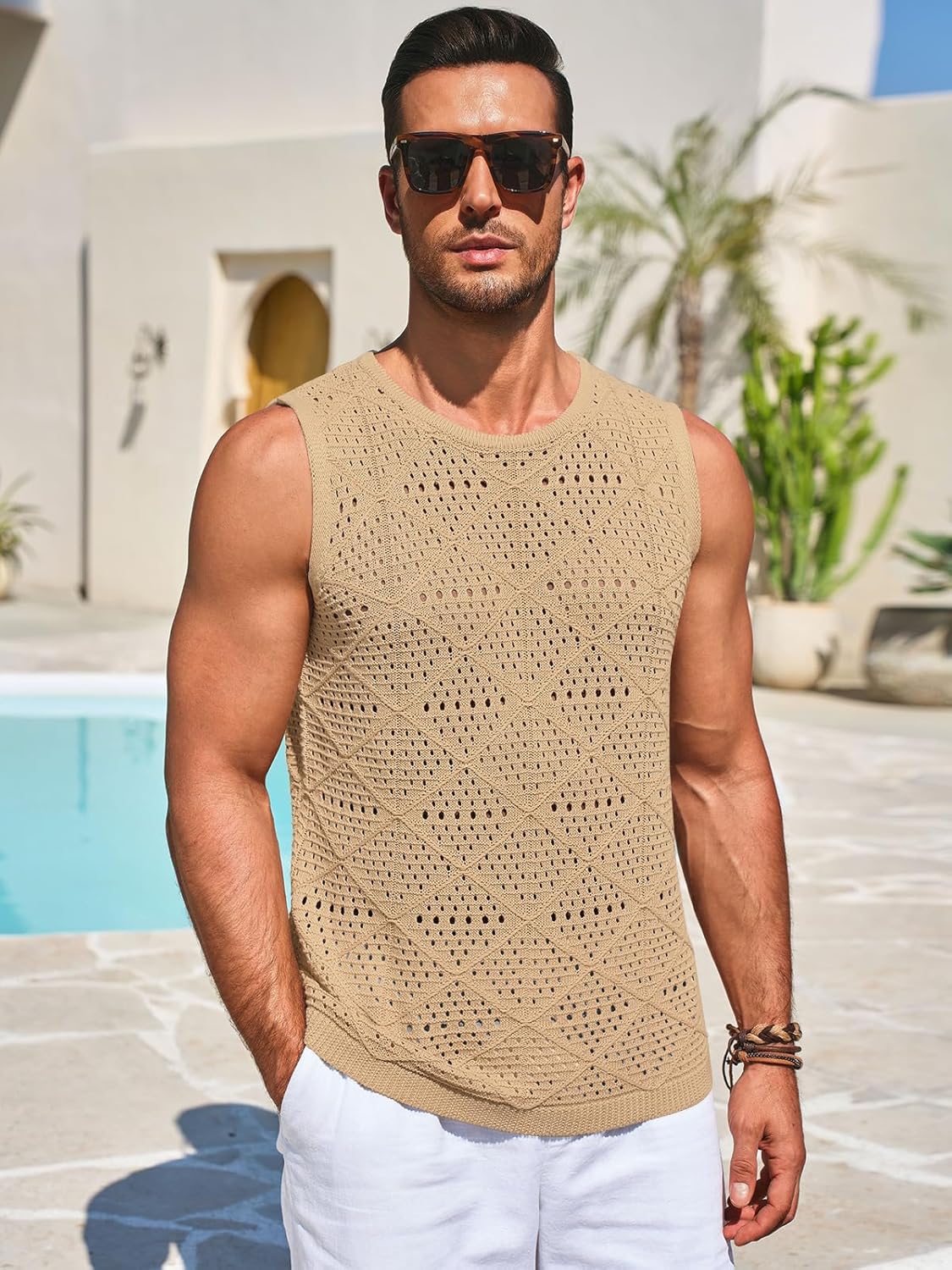 Runcati Mens Knitted Tank Tops Casual Sleeveless Hollow Out Crochet T-Shirts Muscle Summer Beach Hippie Shirts - Image 2