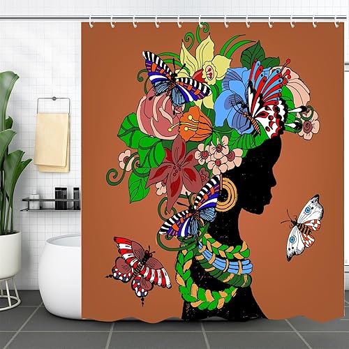 Cortina de ducha de mujer africana, cortinas de ducha de niña negra afroamericana, divertidas, juego de cortinas de ducha de tela de arte negro,