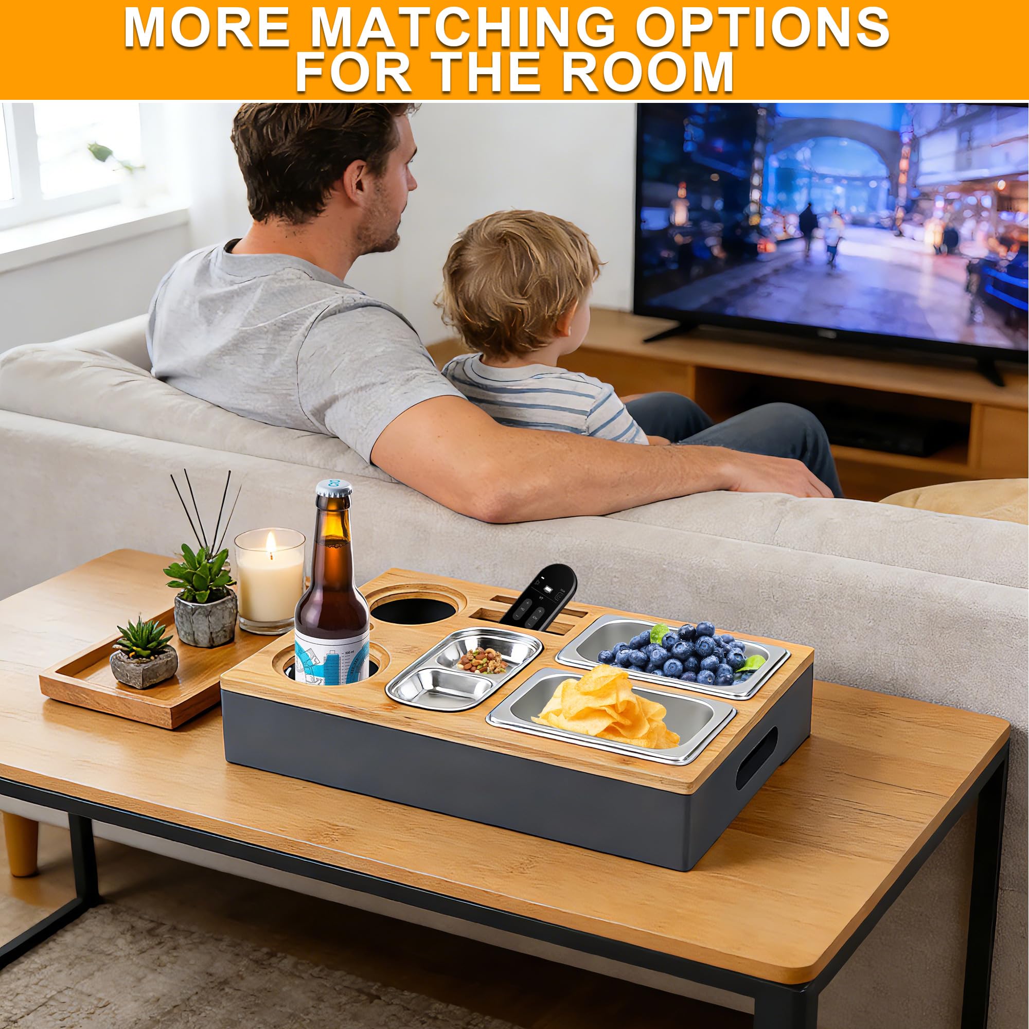 Couchbar Snackbox, Sofatablett Snackbox Mit Snackschalen Aus Edelstahl, Snackbox mit Fächern, Sofaablage für Wohnzimmer Schlafzimmer Camping Garten Picknickparty