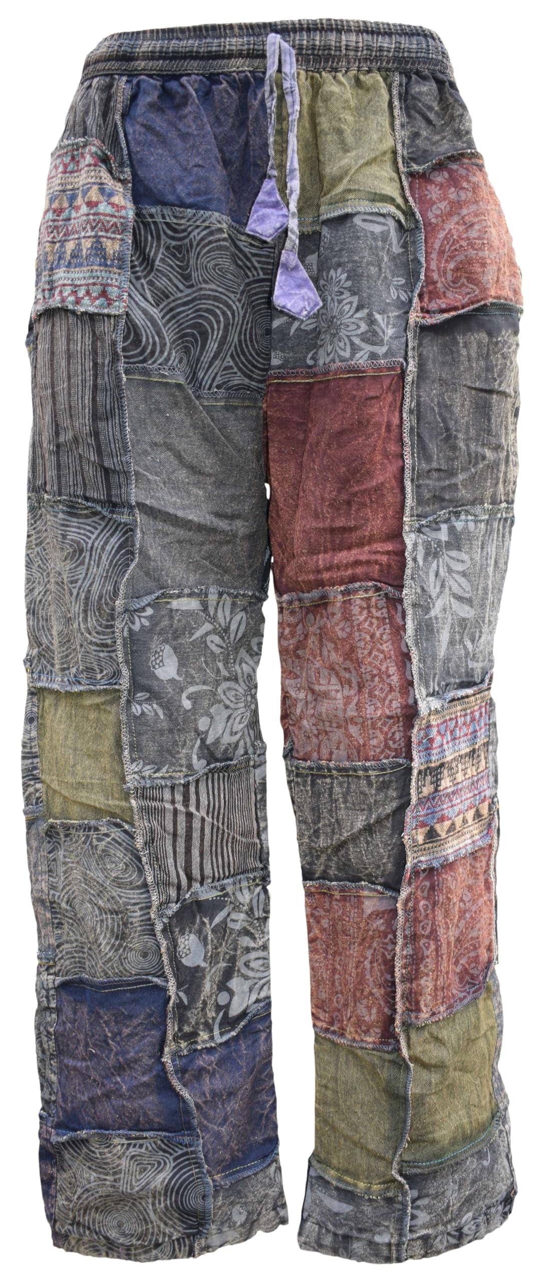 Mens Patchwork Fleece Lined Winter Boho Print Cotton Trousers