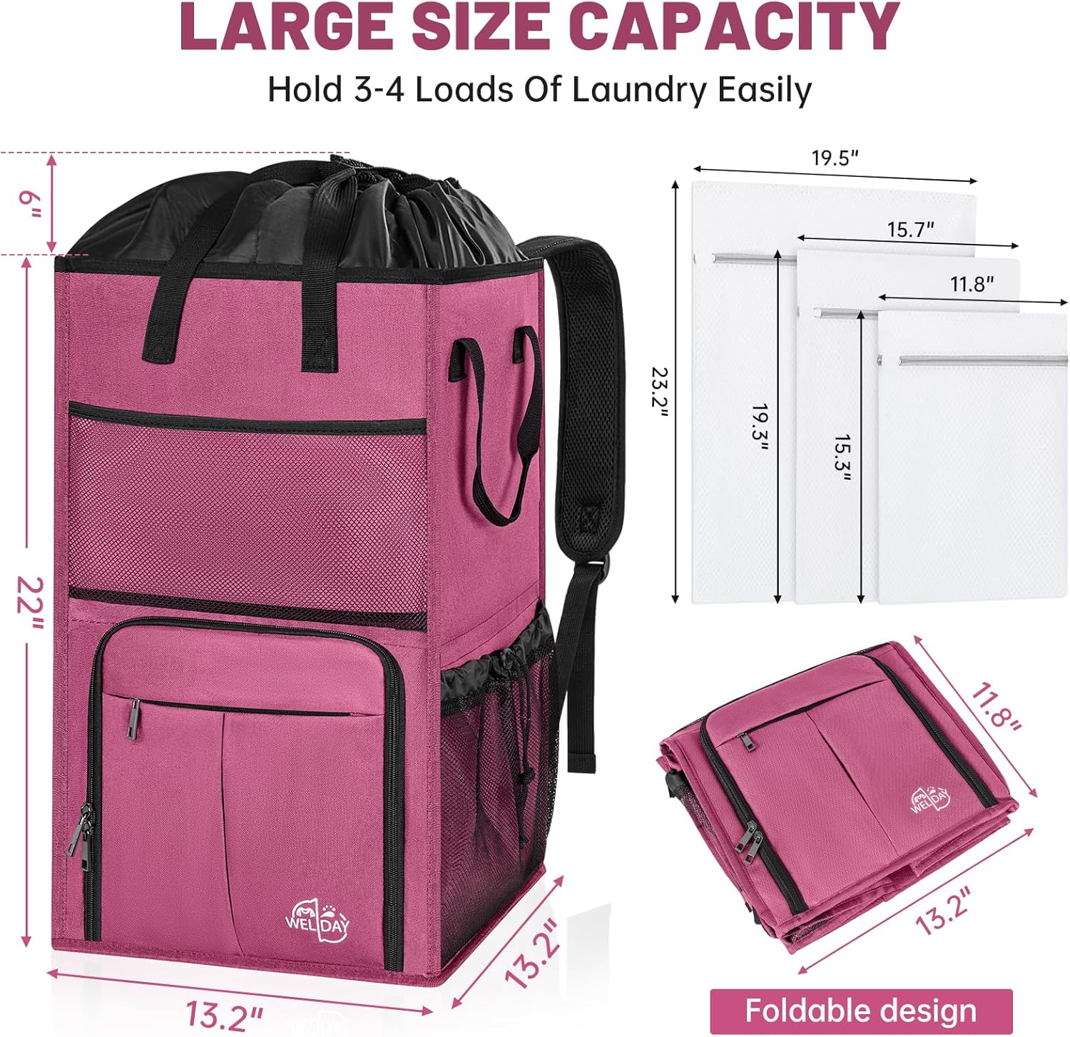 160L Laundry Backpack Bag with 3 Sizes Mesh Wash Bags Empty, Extra Large 2 in 1 Laundry Hamper Basket with Shoulder Straps, Freestanding Laundry Bag for College Dorm, Laundromat, Apartment (Pink)