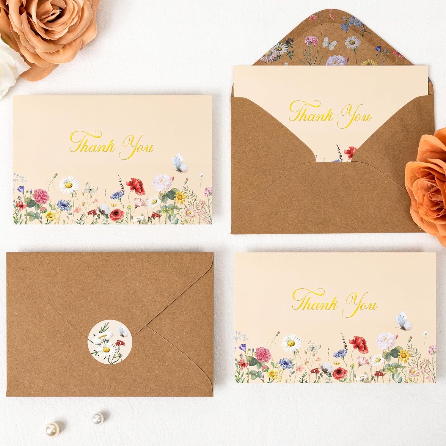 Crisky 25 Pack Vintage Wildflower Floral Gold Foil Thank You Cards with Envelopes & Stickers for Birthday, Baby Shower,Bridal Shower, Wedding, Graduation, Business - Image 3