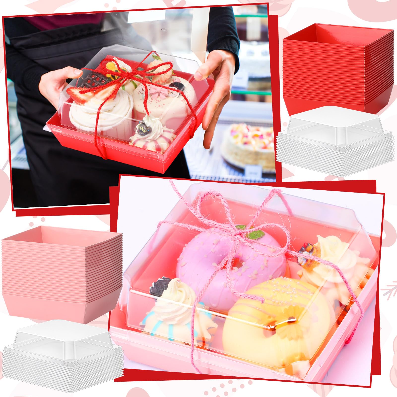 Layhit Confezione da 150 scatole per salumi di San Valentino, con coperchio trasparente e corda, 12,7 cm, quadrate, usa e getta, scatole per dessert, scatole per alimenti, biscotti, contenitori per