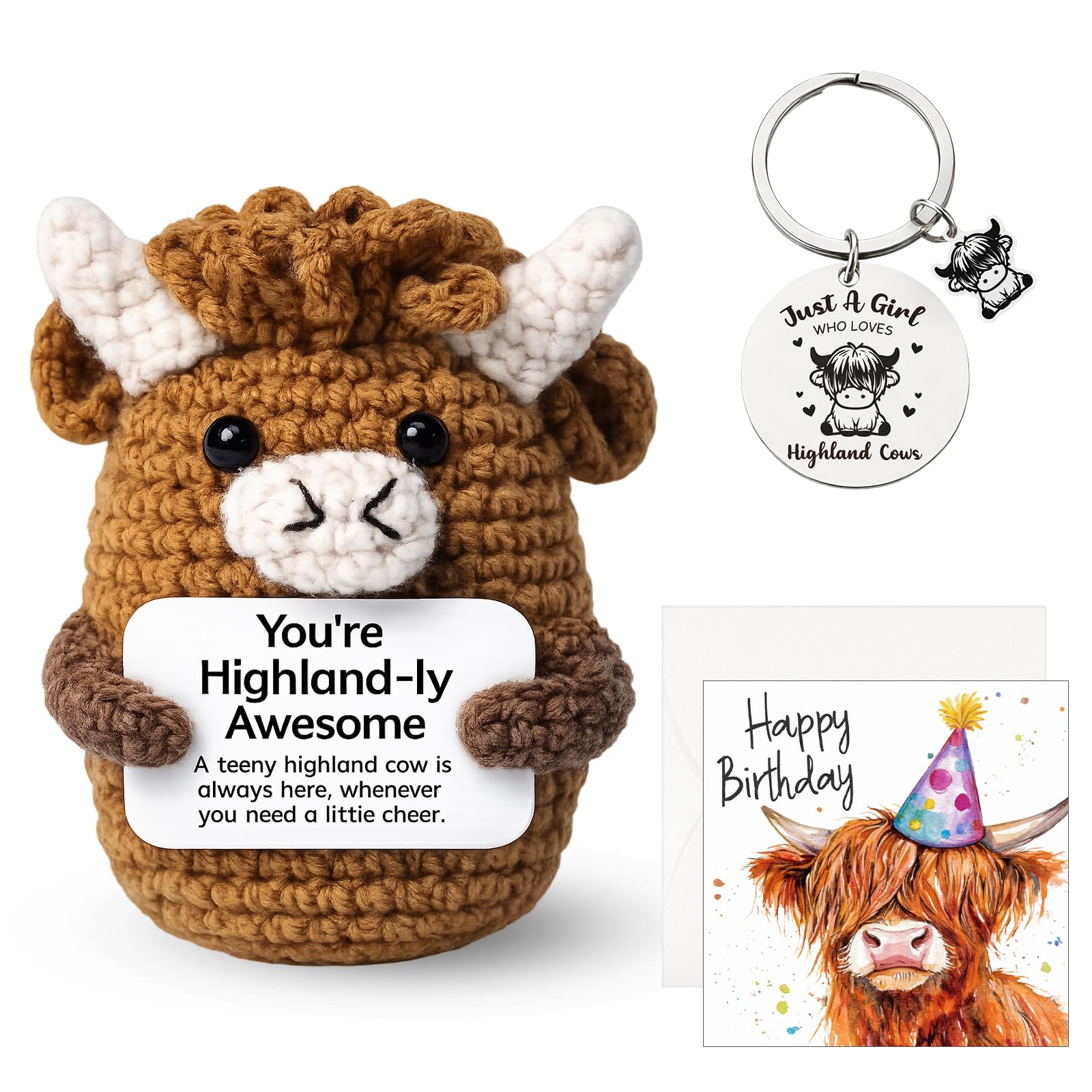 YciVhh 3PCS Highland Cow Gifts, Emotional Support Gift, Positive Crochet Animals Set With Greeting Card and Keychain, Friends, Students, Family Members for Home Decor and Gifting