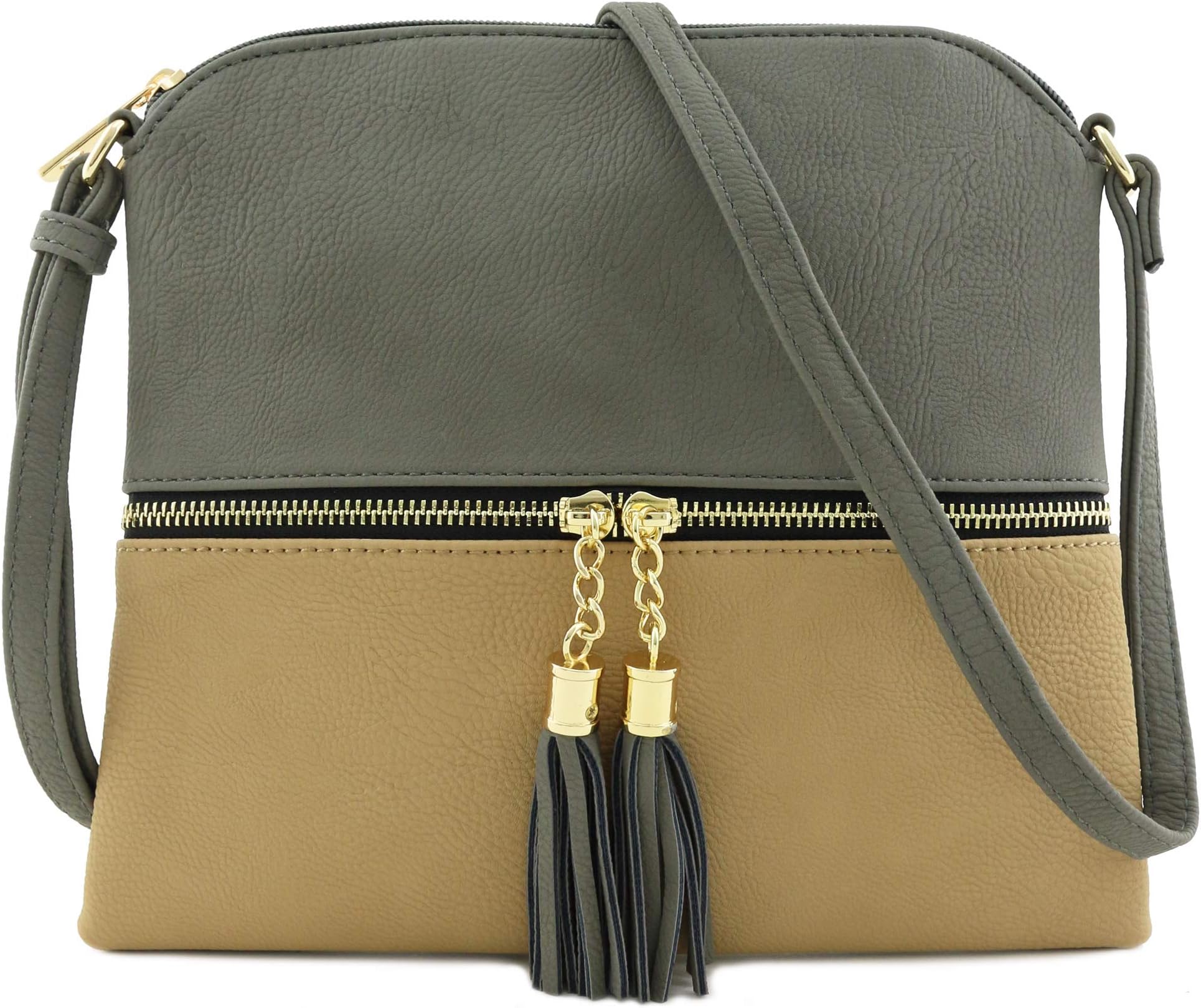 DELUXITY Lightweight Medium Crossbody Bag with Tassel (Grey/Taupe)