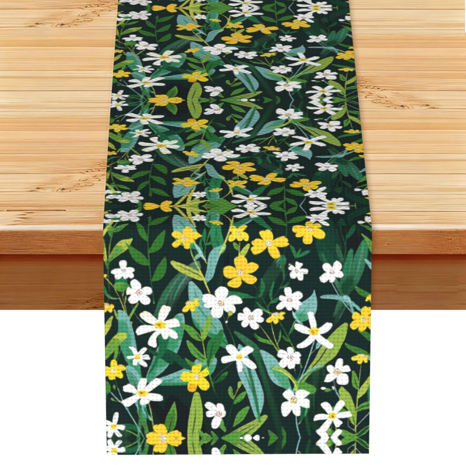 Deep Green Yellow Blossom Printed Table Runner 13 x 72, Wrinkle Resistant Decor for Dining Table Coffee Table Fireplace