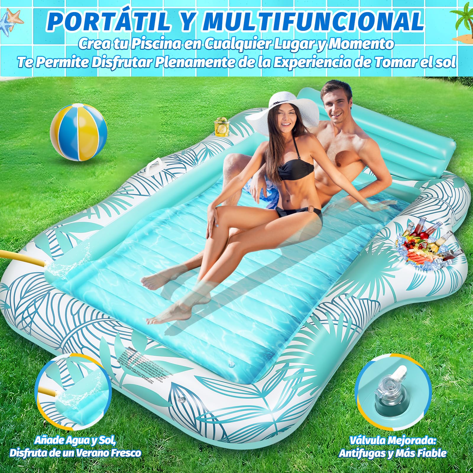 Charmofun Flotador Inflable de Bronceado Grande, Colchoneta Hinchable Piscina con Portavasos y Barra de Hielo, Piscina Bronceado Hinchable Adultos para Playa Fiestas Verano (Azul)