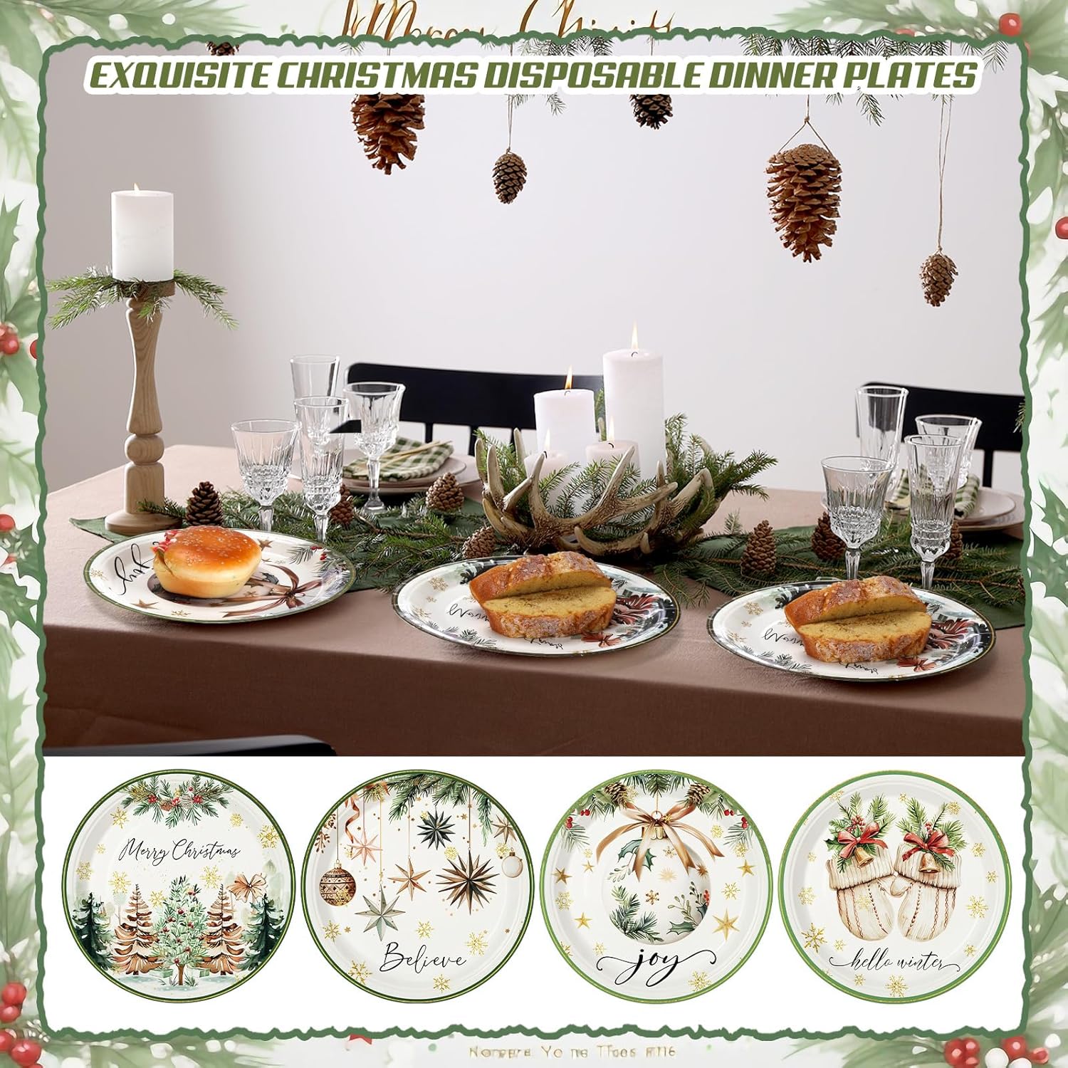 100 Pcs Christmas Paper Plates Disposable 9 Inch with Green and White Christmas Tree Gloves Bell Ball Moravian Stars Dinner Round Plates for Xmas Holiday Birthday Party Table Decor
