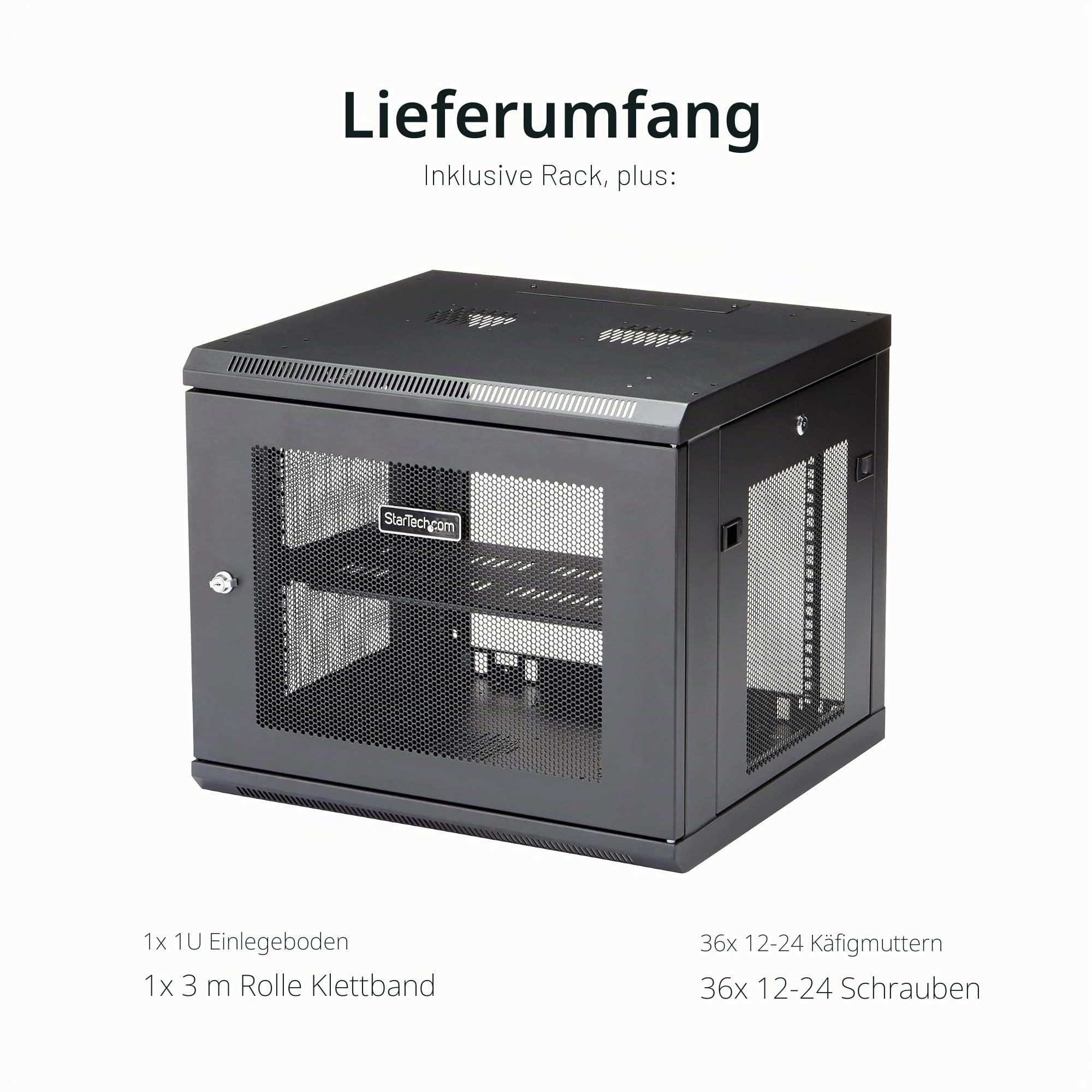 StarTech RK920WALM 9HE Wandmontage Server Schrank, 53 cm Schwarz | Server-Rack mit 1HE Fachboden, Für IT- und Datentechnik, Vormontiert geliefert, Einstellbare Tiefe