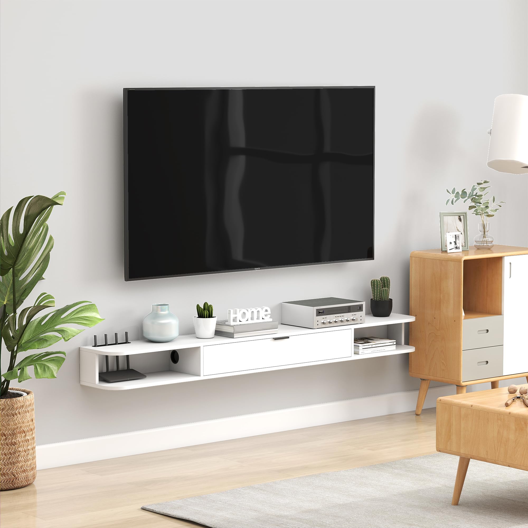 HOMCOM 71" Supporto TV sospeso per TV fino a 75" Bianco venatura legno
