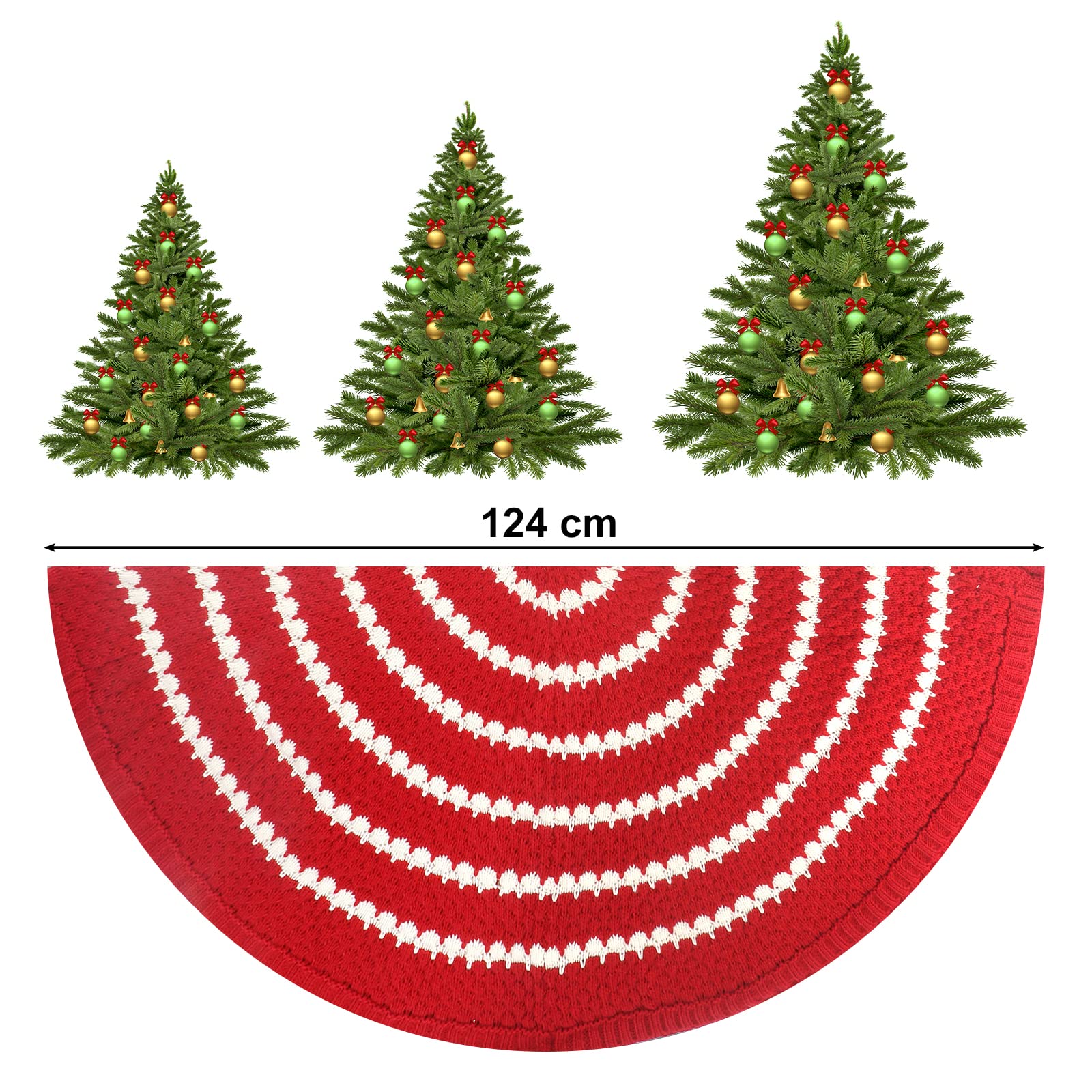 Dziergana spódnica pod choinkę, czerwona dziergana okrągła podkładka pod choinkę 122 cm, do domu, na święta Bożego Narodzenia, ozdoba choinkowa (paski)