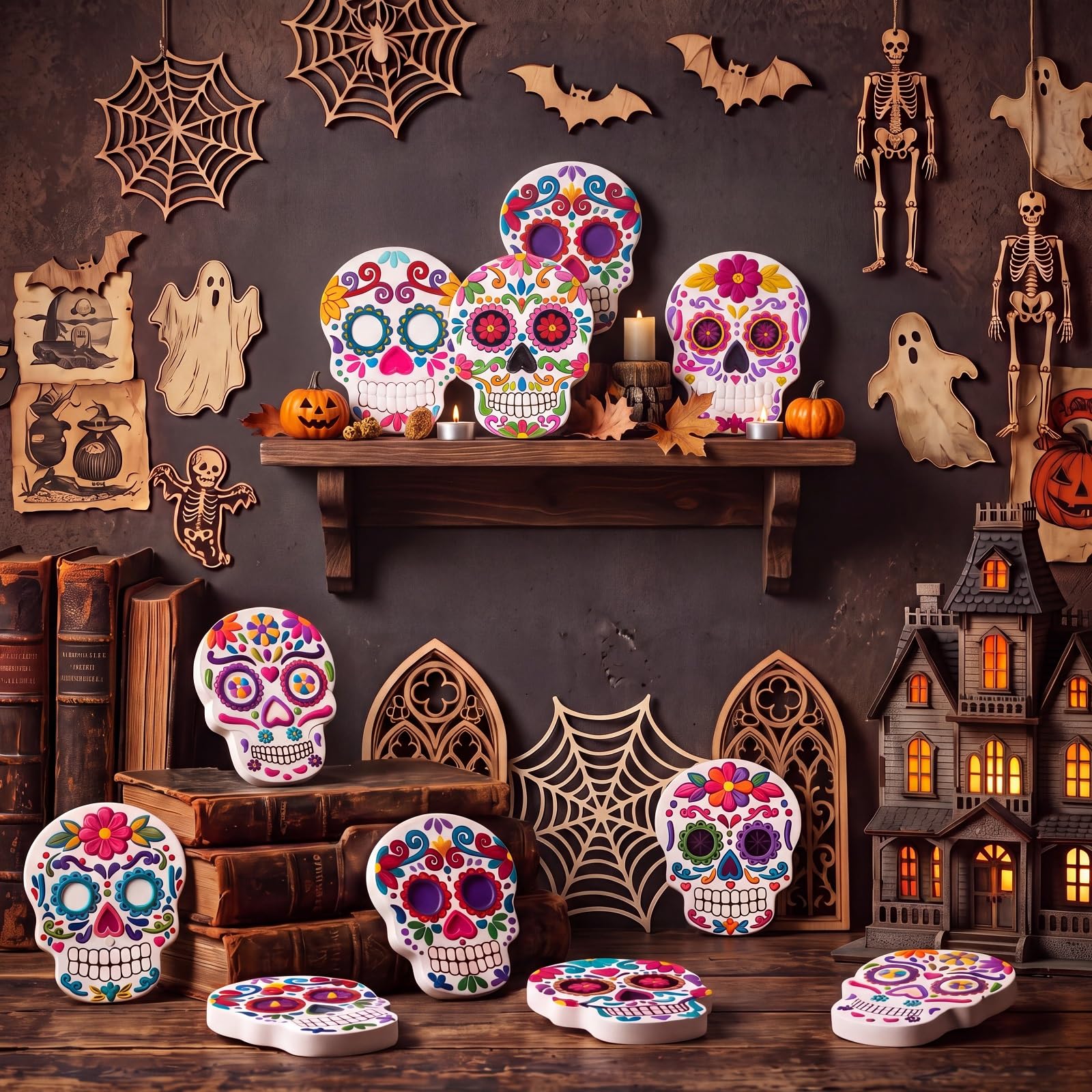 12 pezzi di ceramica di Halloween teschio di zucchero artigianato 6 unico in rilievo cuore floreale giorno dei morti teschi gesso bianco pittura fai da te il tuo kit artigianale per Día De