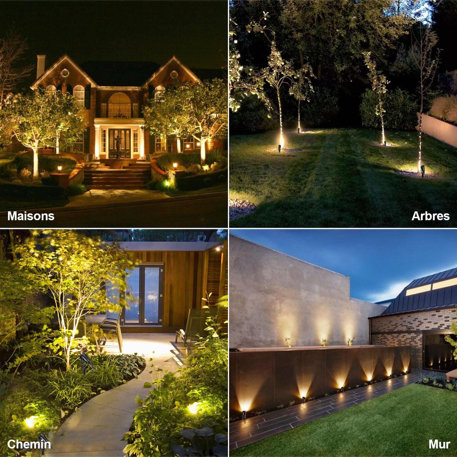 ECOWHO 4 PACK Lampes de Paysage Basse Tension, 12W 15M Câble Spot Extérieur avec Transformateur 12V, IP65 Spot Étanche à Brancher 2700K Blanc Chaud pour Plantes, Pelouse, Arbres