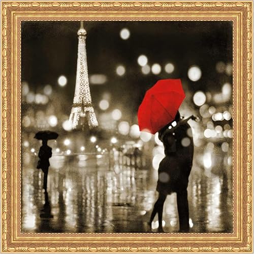 Amanti Art Framed Wall Art Print 28x28 A Paris Kiss by Kate Carrigan, Cityscapes Wall Art, Vintage Decor, Medium Poster Painting Artwork for Living