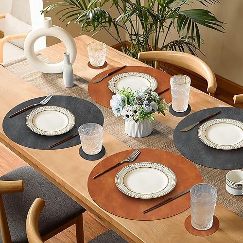 Miniatura 6 de Juego de 6 manteles individuales redondos, manteles individuales reversibles lavables con patrón de piel de vaca, de piel sintética, lavables,