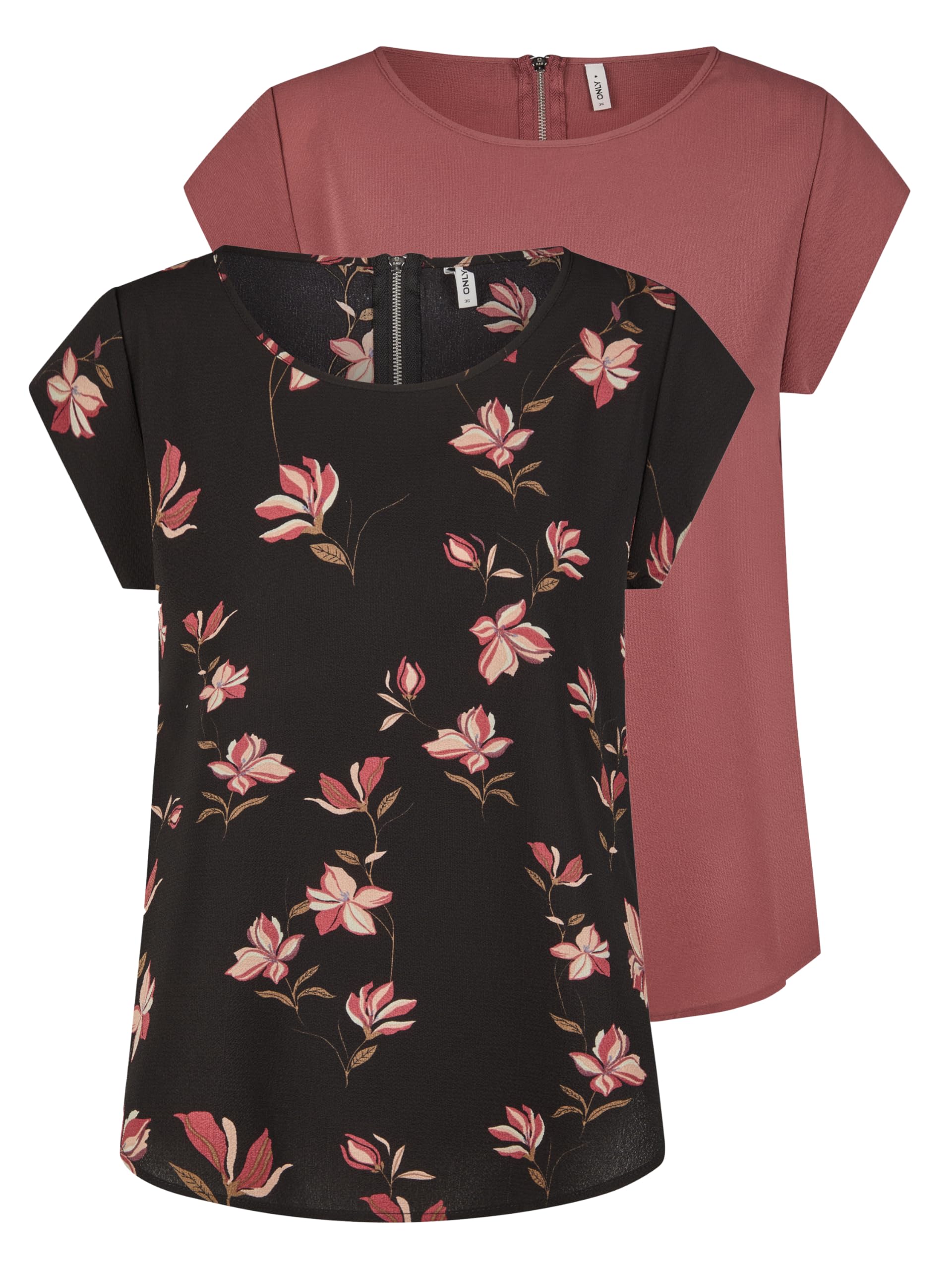 ONLY Tshirt Damen Regular Fit ONLVIC 2er Pack Rundhals Kurzarm Bluse Top Sommer Basic Muster Einfarbig Weiß Schwarz Grün Rose Blau 34 36 38 40 42 44