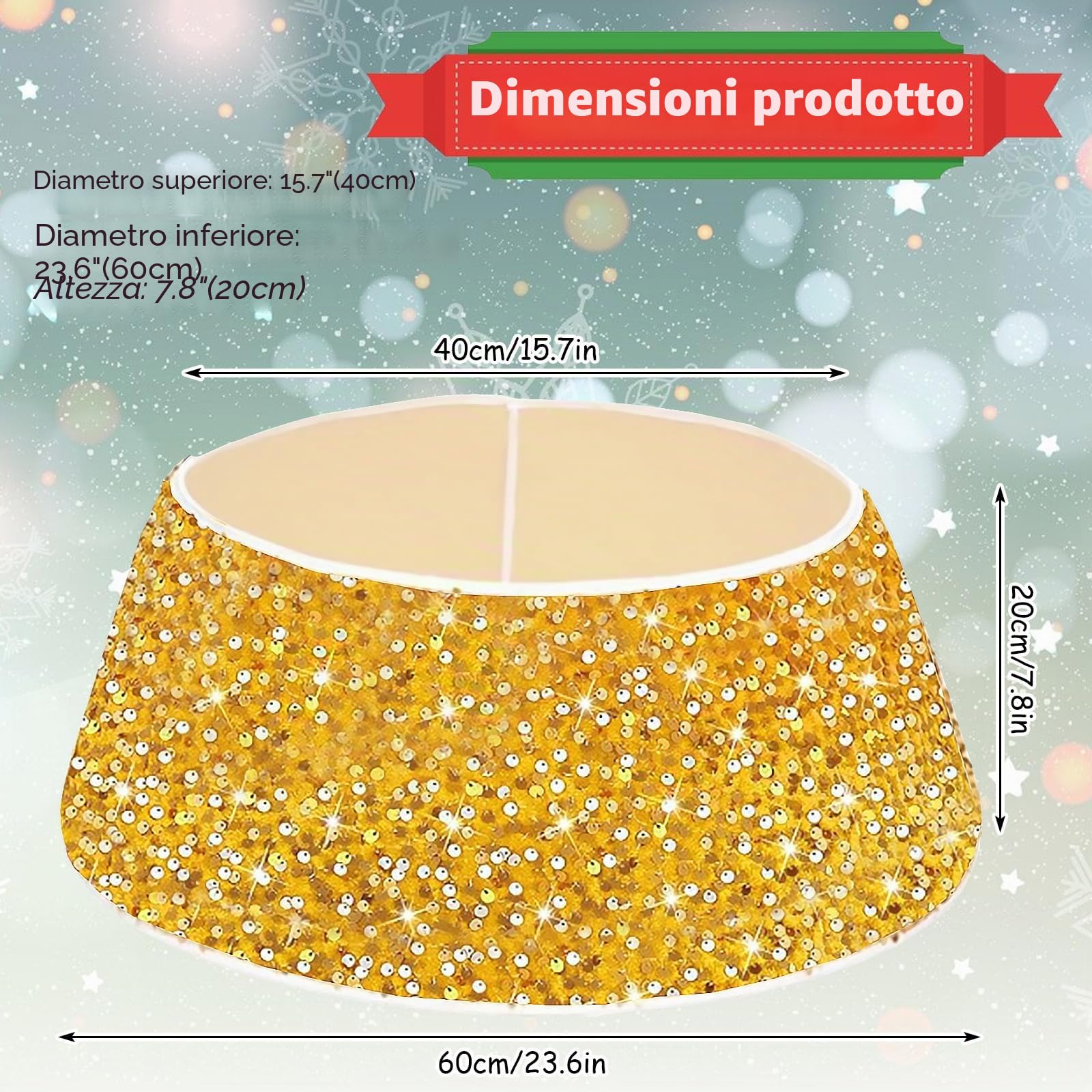 Collare per Albero di Natale 60cm, Oro Glitterato Copertura per Base dell'albero di Natale, Rotondo Gonna per Albero di Natales Pieghevole per la Decorazione Natalizia