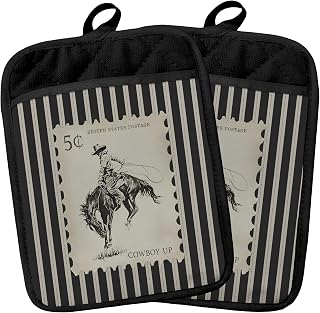Vintage Western Cowboy Pot Holders Heat Resistant | Southwestern Cowboy Riding Horse Black and Beige Striped Oven Potholder Hot Pads for Kitchen Countertops Baking Cooking