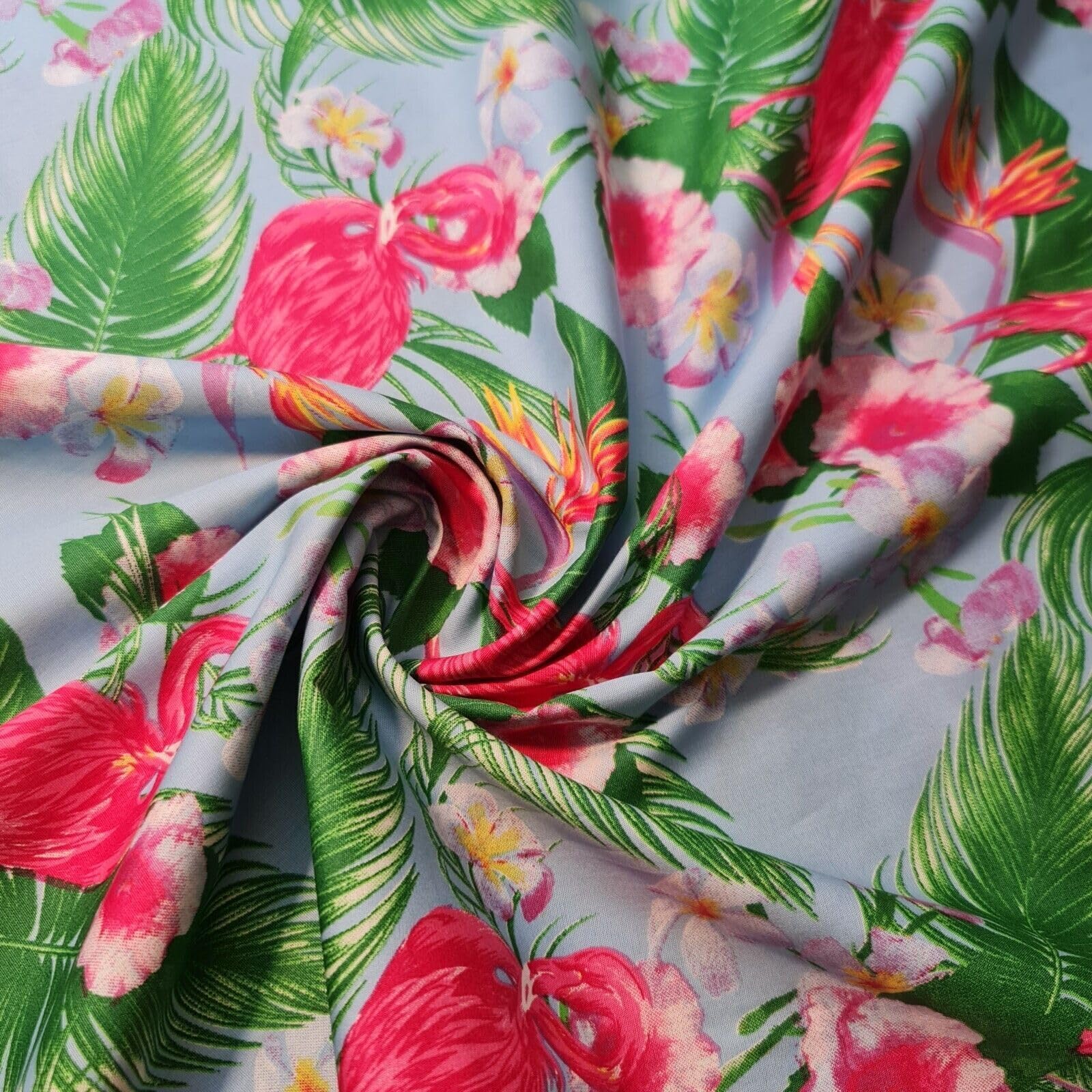 100% Cotton Poplin Daisy Flower Print Fabric Dress Craft Soft Fabric 58" (Blue Flamingo Tropical Floral Bloom, 1 Meter)