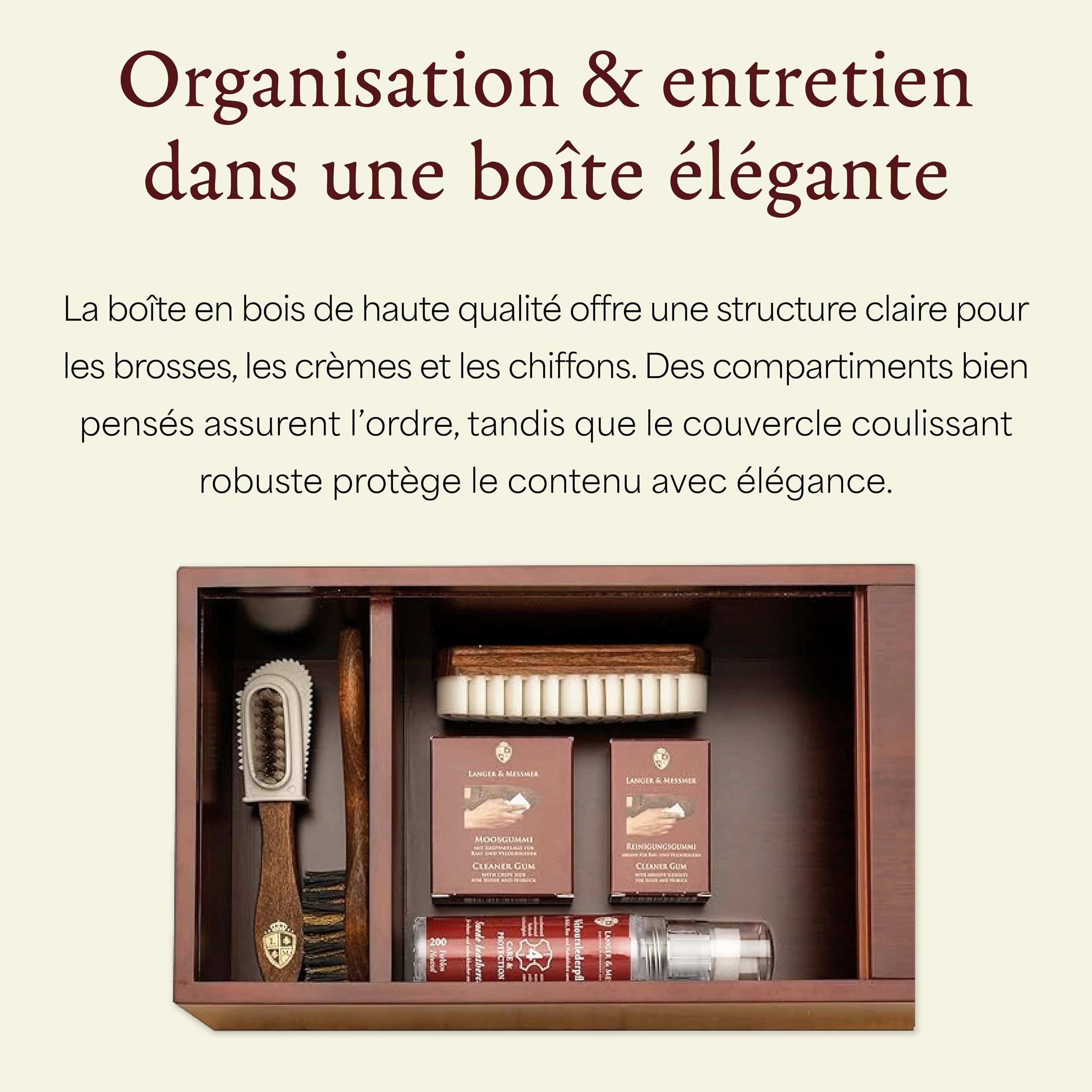 Langer & Messmer boîte à cirage de chaussures de qualité supérieure sans contenu ou avec kit d'entretien en plusieurs parties – Boîte à cirage en bois avec crèmes d'entretien pour cuir modèle Mannheim