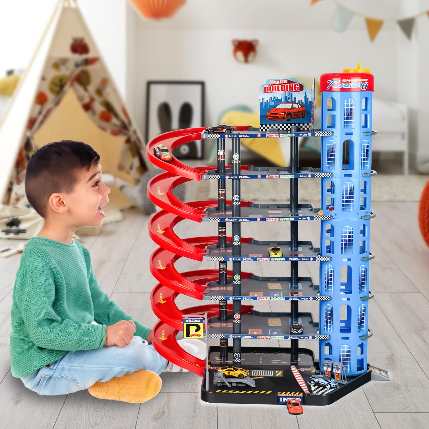CELMAN Juego de Aparcamiento para niños – Multilevel Coche de Juguete Aparcamiento con Ascensor Manual Incluye 8 Coches de Metal, helicóptero y Accesorios, Juguete para niños a Partir de 3, 4, 5, 6,
